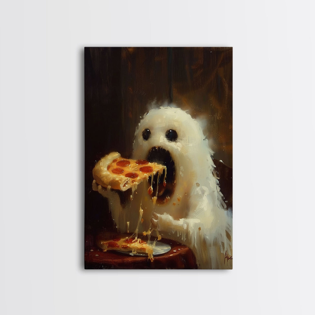 Cute Ghost Chompin on A Pizza, Ghostly Pizza Pirate, Framed Canvas Print, Funny Halloween Spooky Season Art