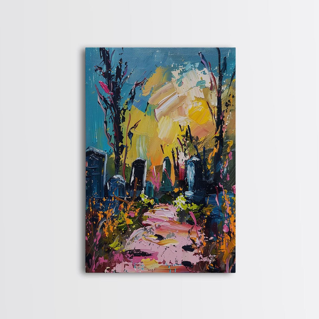 Colorful Haunted Cemetary, Springtime Halloween Mashup, Spooky Season Vibes, Framed Canvas Print, Haunted Graveyard