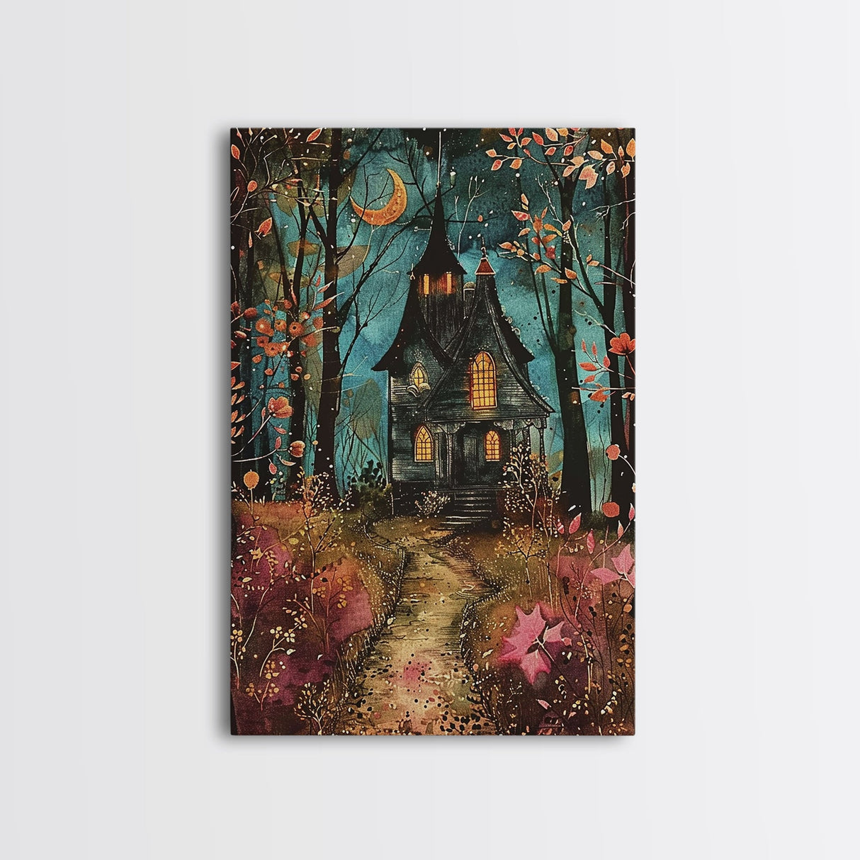 Enchanted Forest Pathway Framed Canvas Print, Haunted Woods Art, Halloween Night, Spooky Path Decor, Mysterious Artwork, Framed Canvas Print