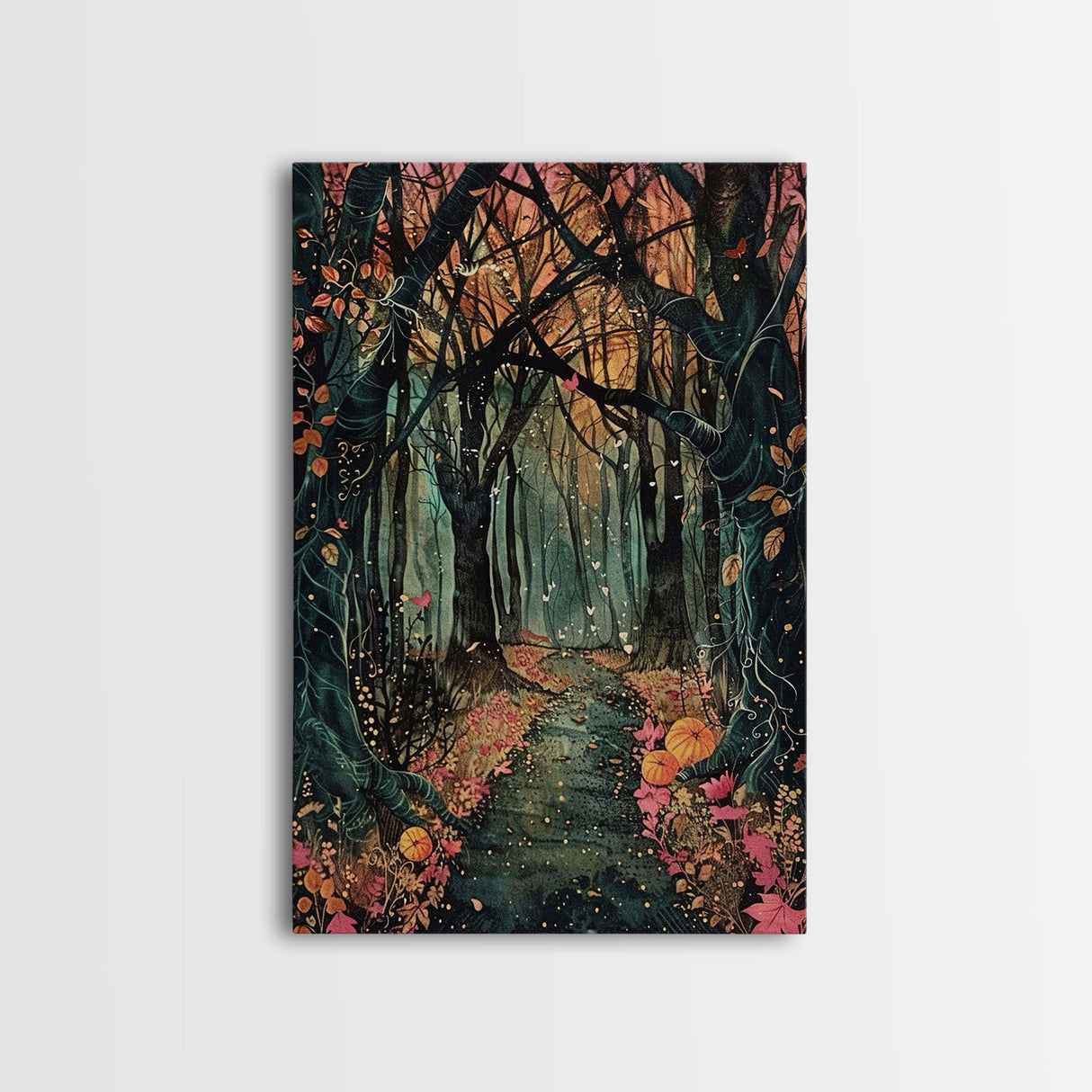 Haunted Pathway Through the Woods Framed Canvas Print, Spooky Forest Art, Halloween Night Scene, Mysterious Path Decor, Framed Canvas Print