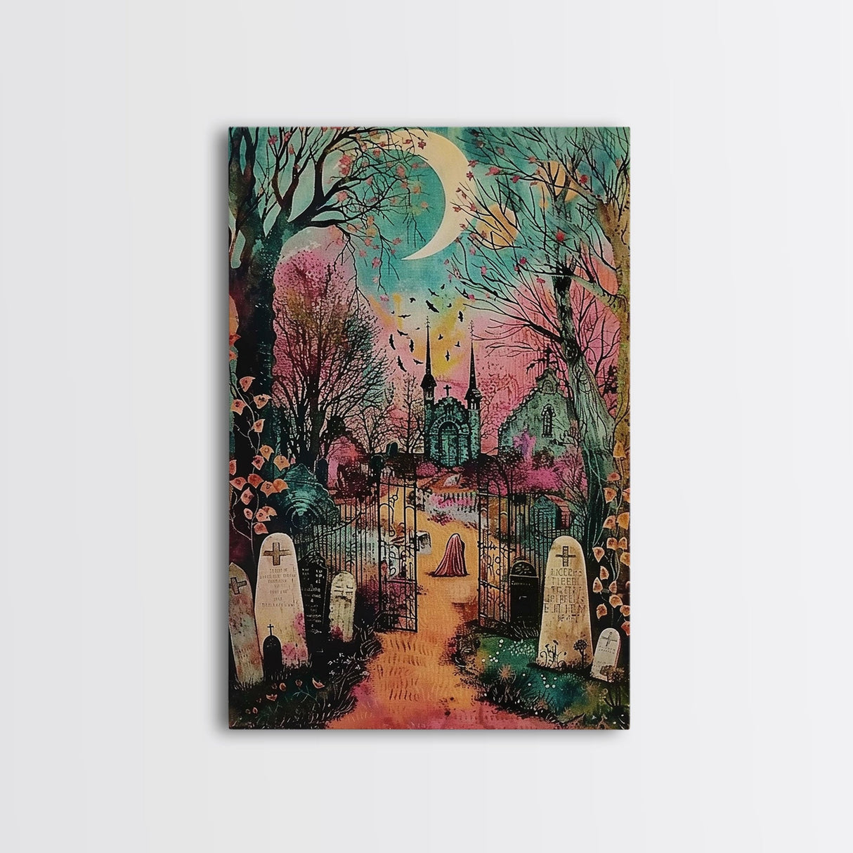 Creepy Moonlit Trees Framed Canvas Print, Haunted Forest Art, Halloween Night Scene, Eerie Woods Decor, Spooky Artwork, Framed Canvas Print