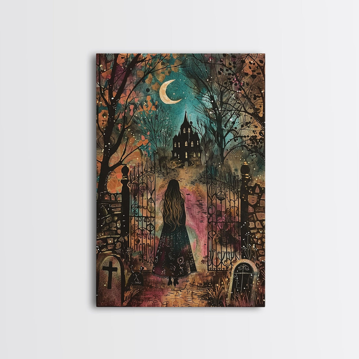 Gothic Mansion in the Forest Framed Canvas Print, Spooky Haunted House Art, Halloween, Eerie Decor, Haunted Artwork, Framed Canvas Print