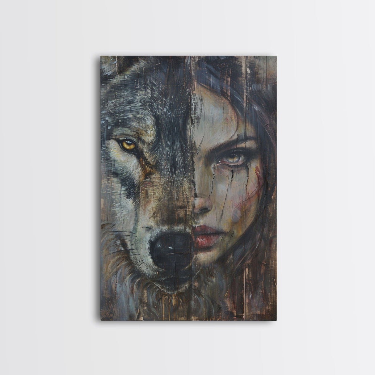 Half Witch Half Wolf, Double Exposure, Unique Halloween Art Framed Canvas Print, Halloween Products, Spooky Witch Poster Art