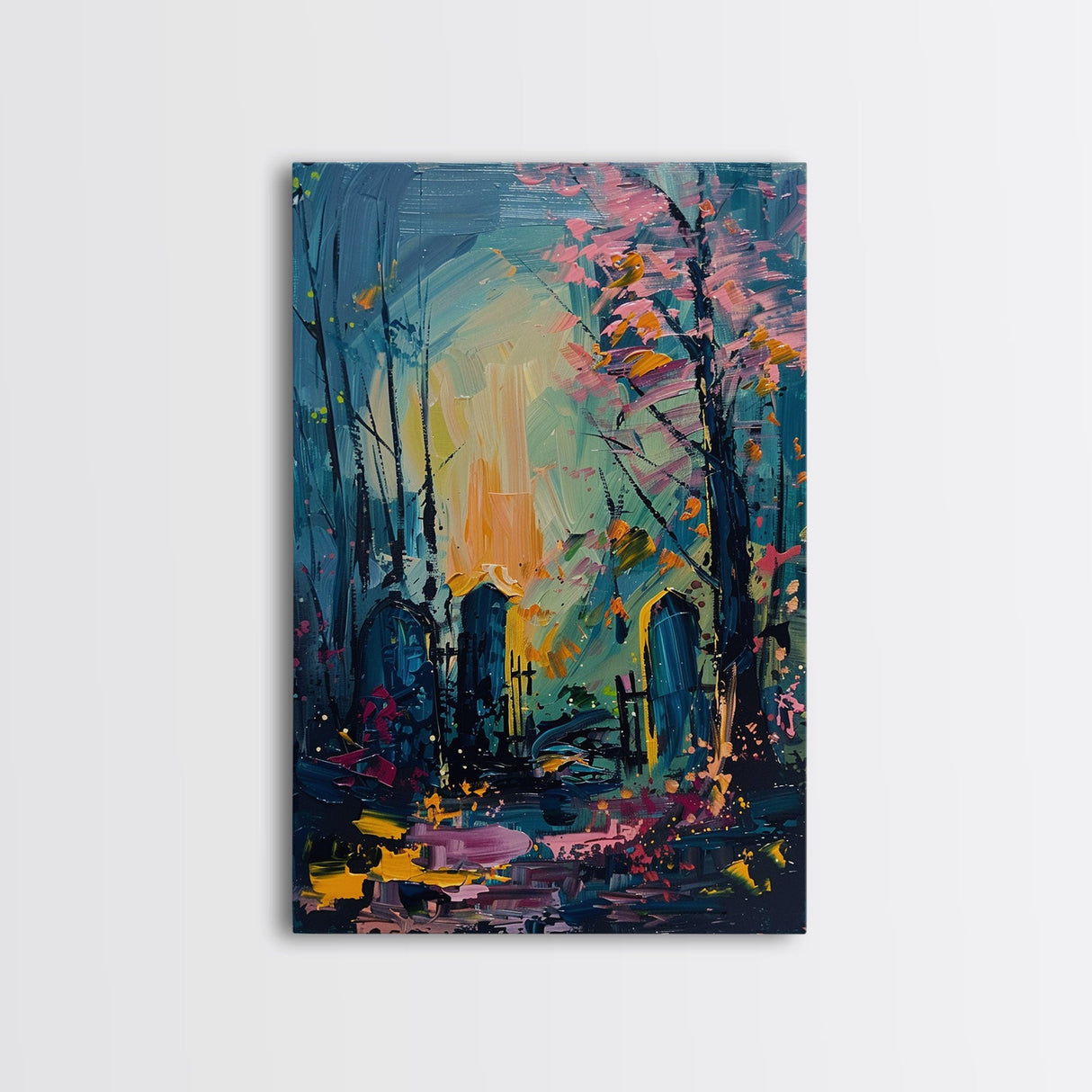 Haunted Forest Graveyard Framed Canvas Print, Spooky Cemetery Art, Halloween, Eerie Graveyard Decor, Gothic Artwork, Framed Canvas Print