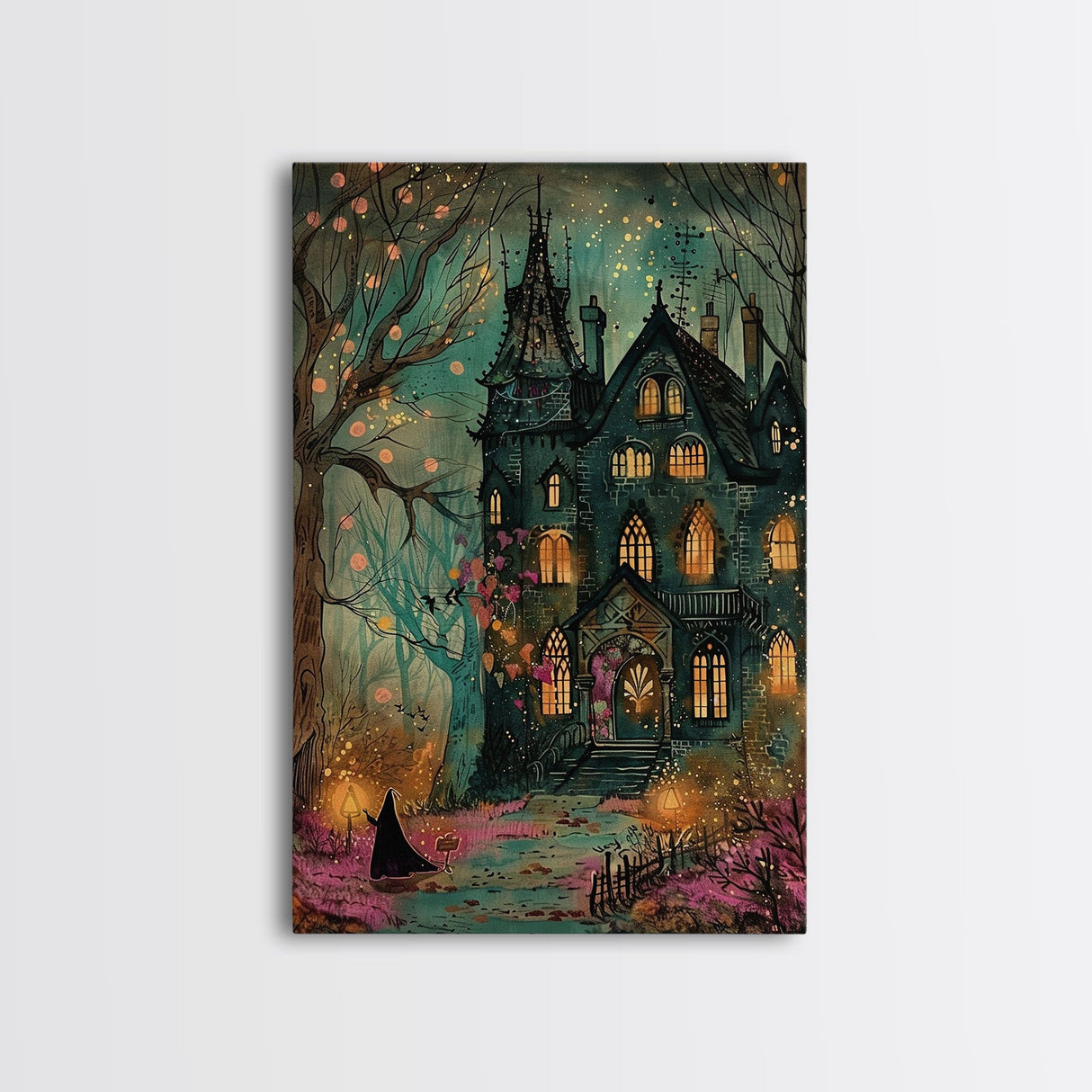 Haunted Mansion On Halloween, Framed Canvas Print, Spooky Vibes Wall Art