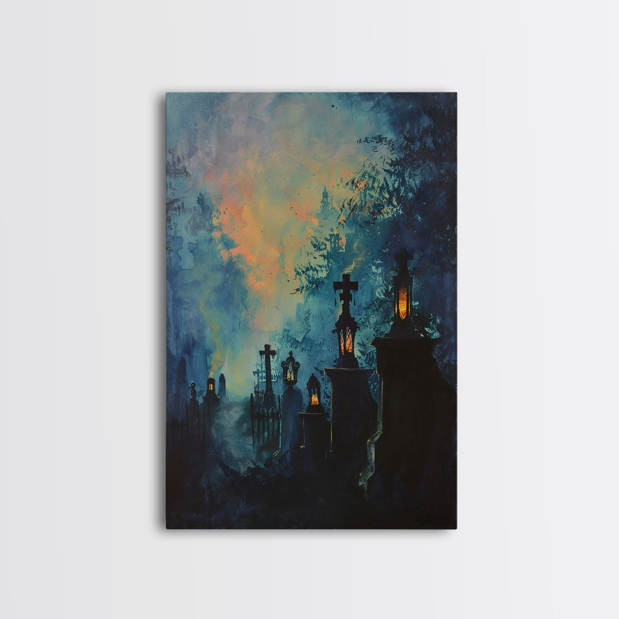 Haunted Cemetery Framed Canvas Print, Halloween Wall Art, Gothic Graveyard Art, Spooky Lantern Decor, Cemetery Lights, Horror Home Decor