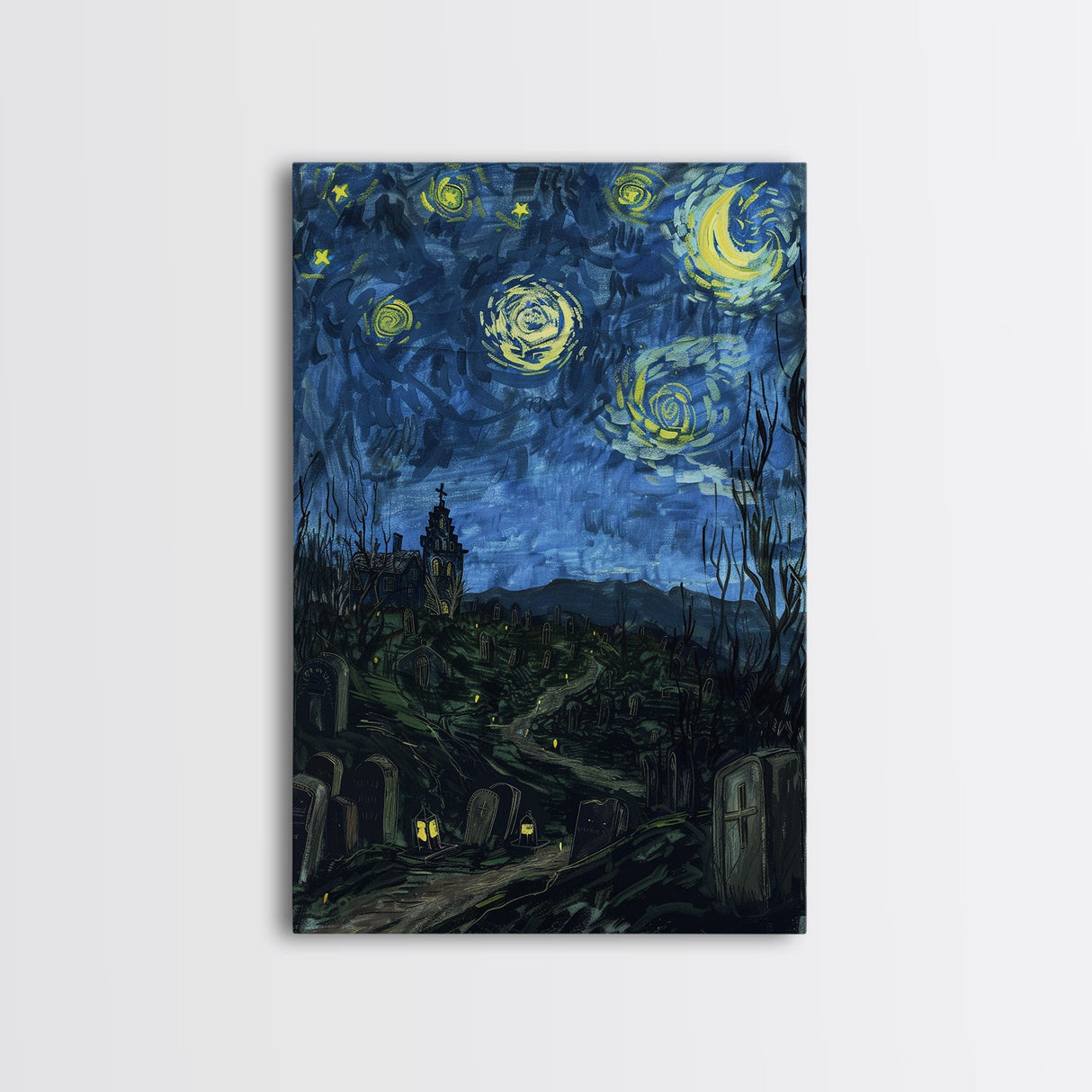 Gothic Graveyard Framed Canvas Print, Halloween Wall Art, Haunted Cemetery Art, Spooky Night Decor, Halloween Home Decor, Horror Art