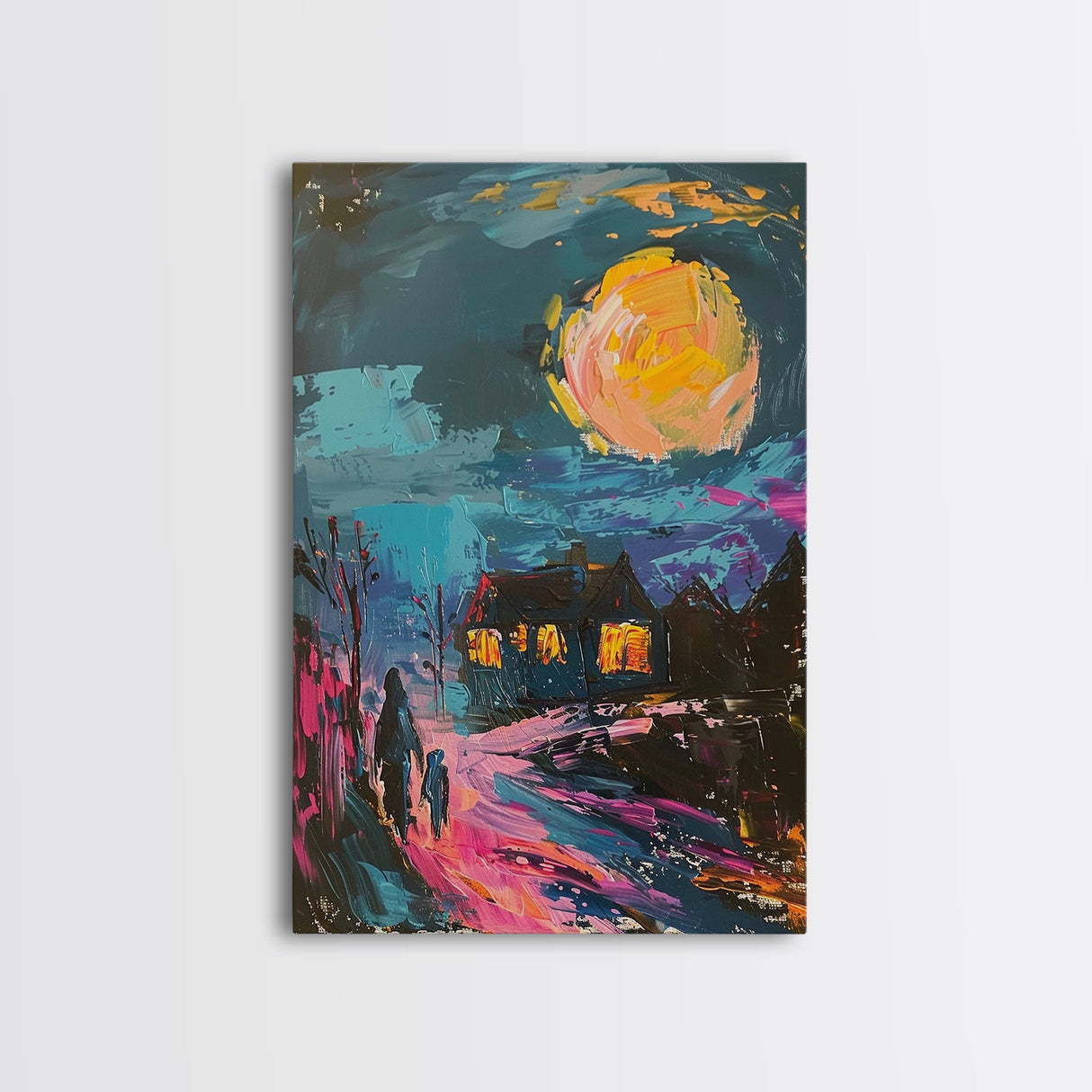 Spooky Village Framed Canvas Print, Halloween Wall Art, Haunted House Art, Gothic Night Decor, Spooky Moonlight, Halloween Home Decor