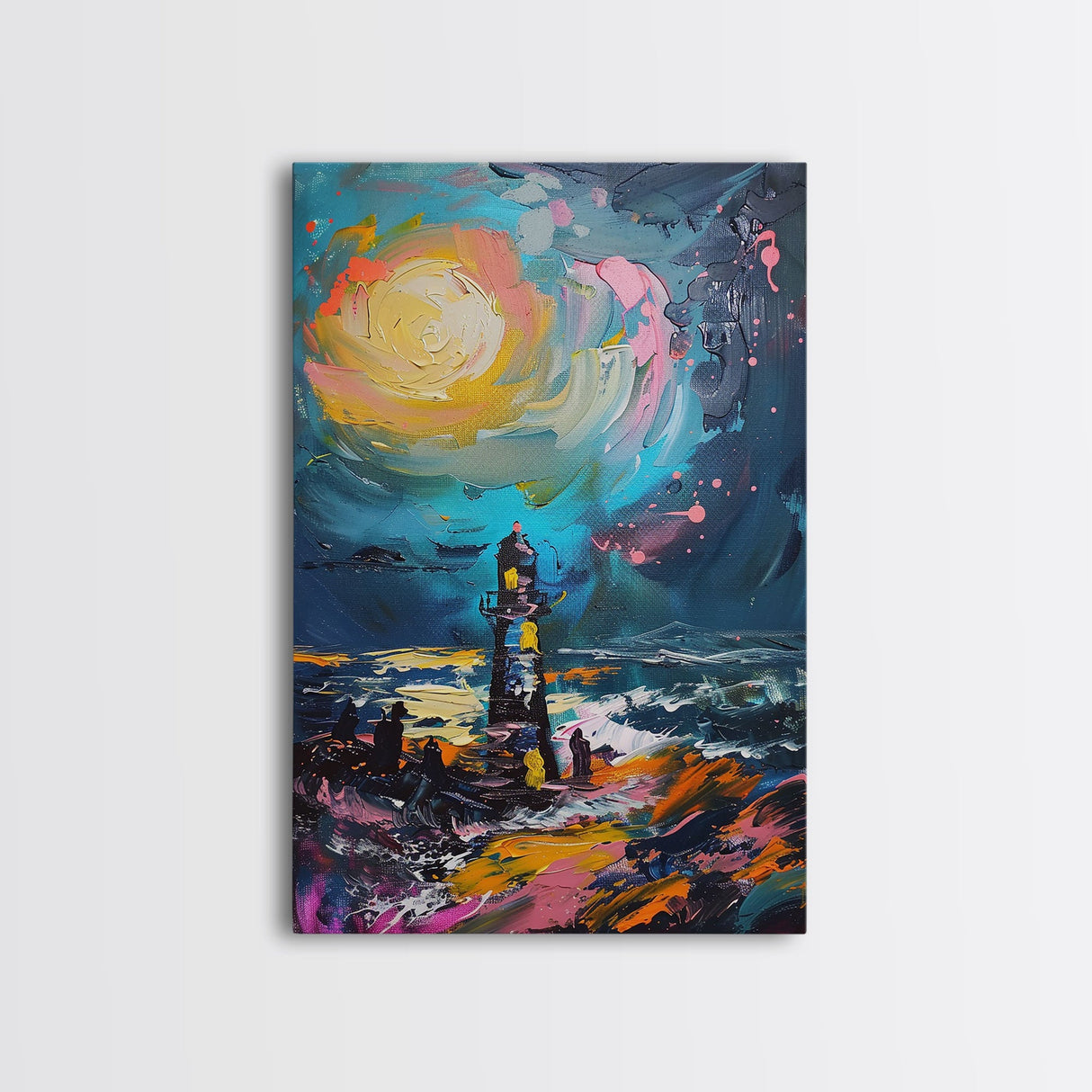 Moonlit Lighthouse Framed Canvas Print, Halloween Wall Art, Haunted Lighthouse Art, Spooky Night Decor Ocean Horror Art Halloween Home Decor