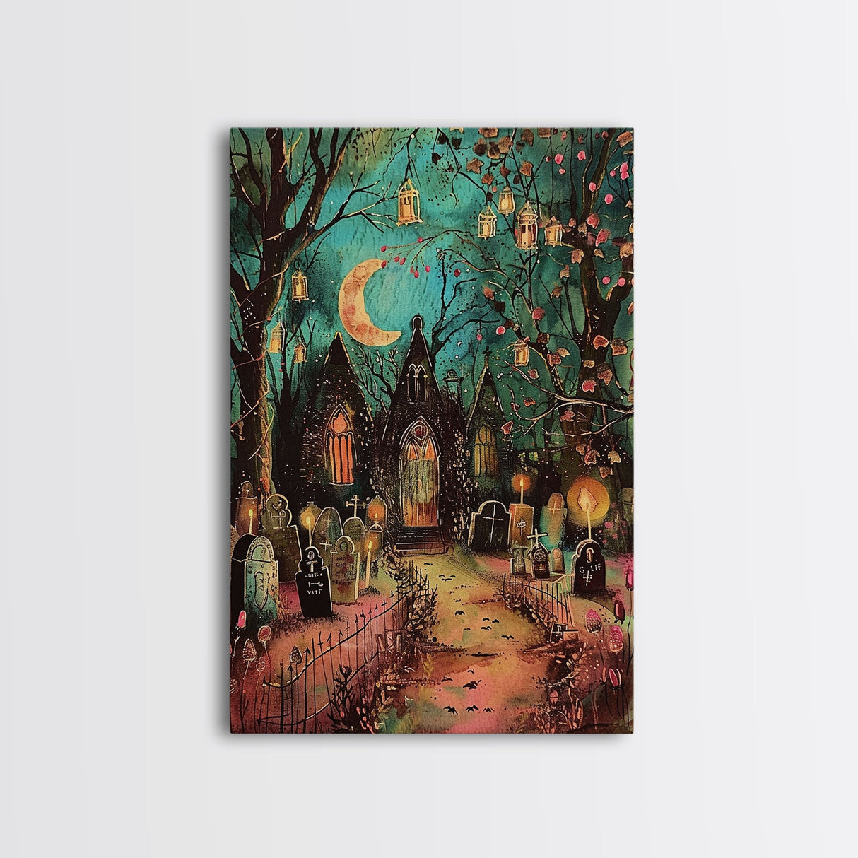 Gothic Churchyard with Moon and Lanterns Framed Canvas Print, Wall Art, Spooky Home Decor, Halloween Cemetery, Gothic Art, Haunted Graveyard