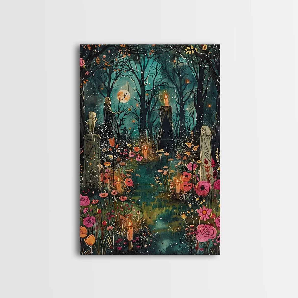 Haunted Graveyard with Flowers Framed Canvas Print, Wall Art, Halloween Cemetery Art, Spooky Home Decor, Ghostly Garden Painting