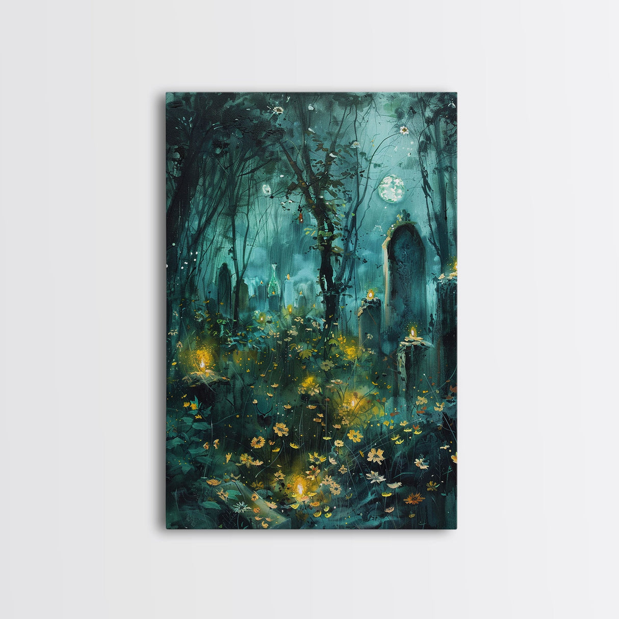 Haunted Forest Cemetery Framed Canvas Print, Wall Art, Spooky Graveyard Art, Eerie Home Decor Halloween Forest Painting Halloween Decoration