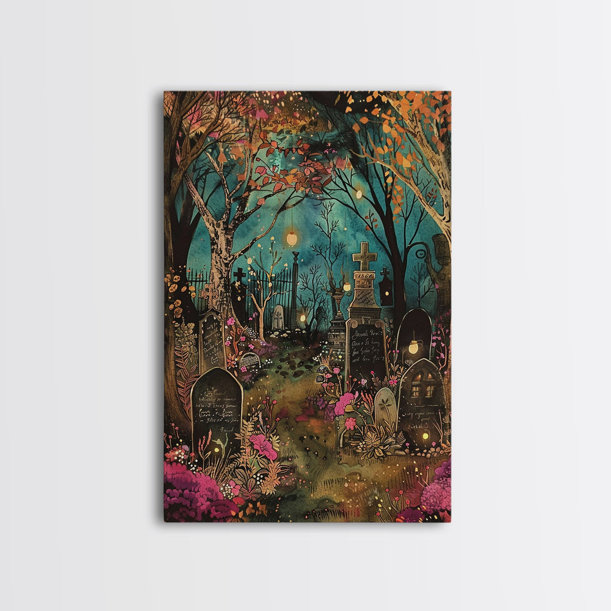Gate to Haunted Cemetery Framed Canvas Print, Wall Art, Spooky Graveyard Art, Eerie Home Decor, Halloween Forest Painting, Spooky Graveyard