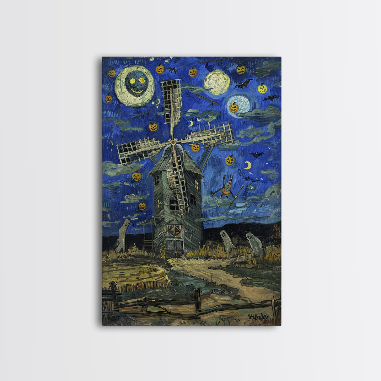 Haunted Railway Station with Pumpkins Framed Canvas Print, Wall Art, Spooky Home Decor, Halloween Train Station Art, Eerie Painting