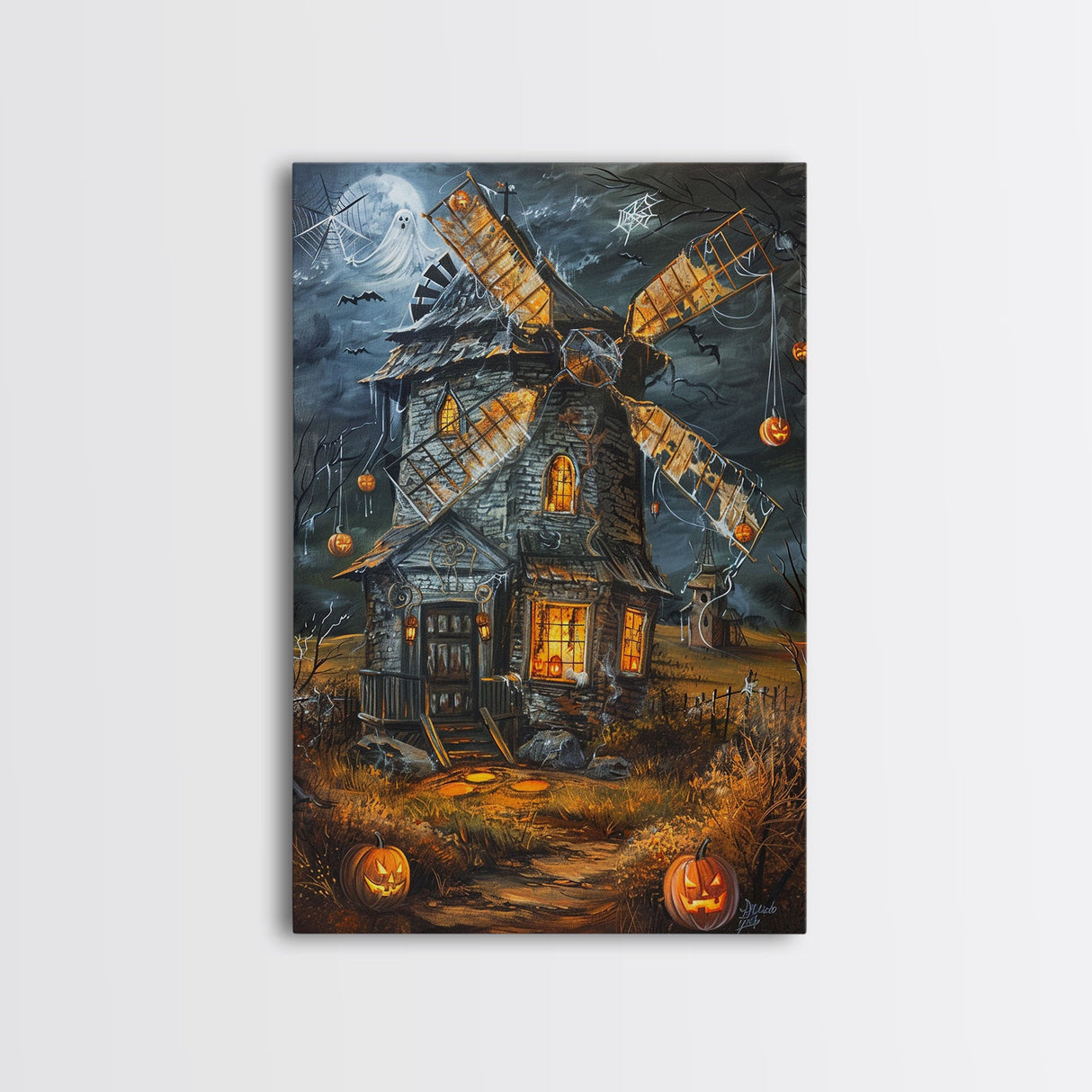 Spooky Windmill with Pumpkins Framed Canvas Print, Wall Art, Halloween Home Decor, Haunted Windmill Painting, Eerie Artwork, Halloween