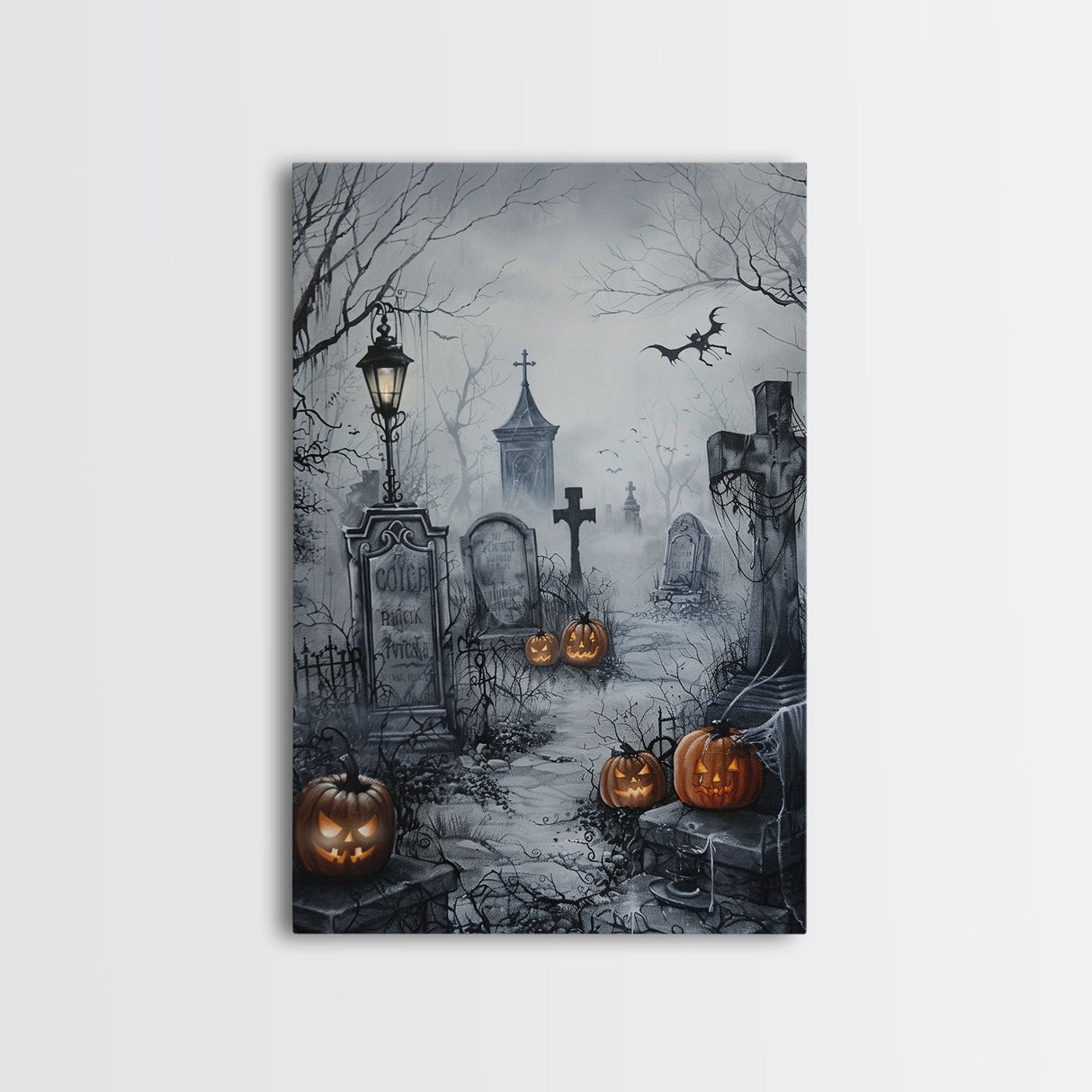 Eerie Graveyard with Pumpkins Framed Canvas Print, Halloween Wall Art, Spooky Cemetery, Home Decor, Gothic Artwork, Living Room Art, Creepy