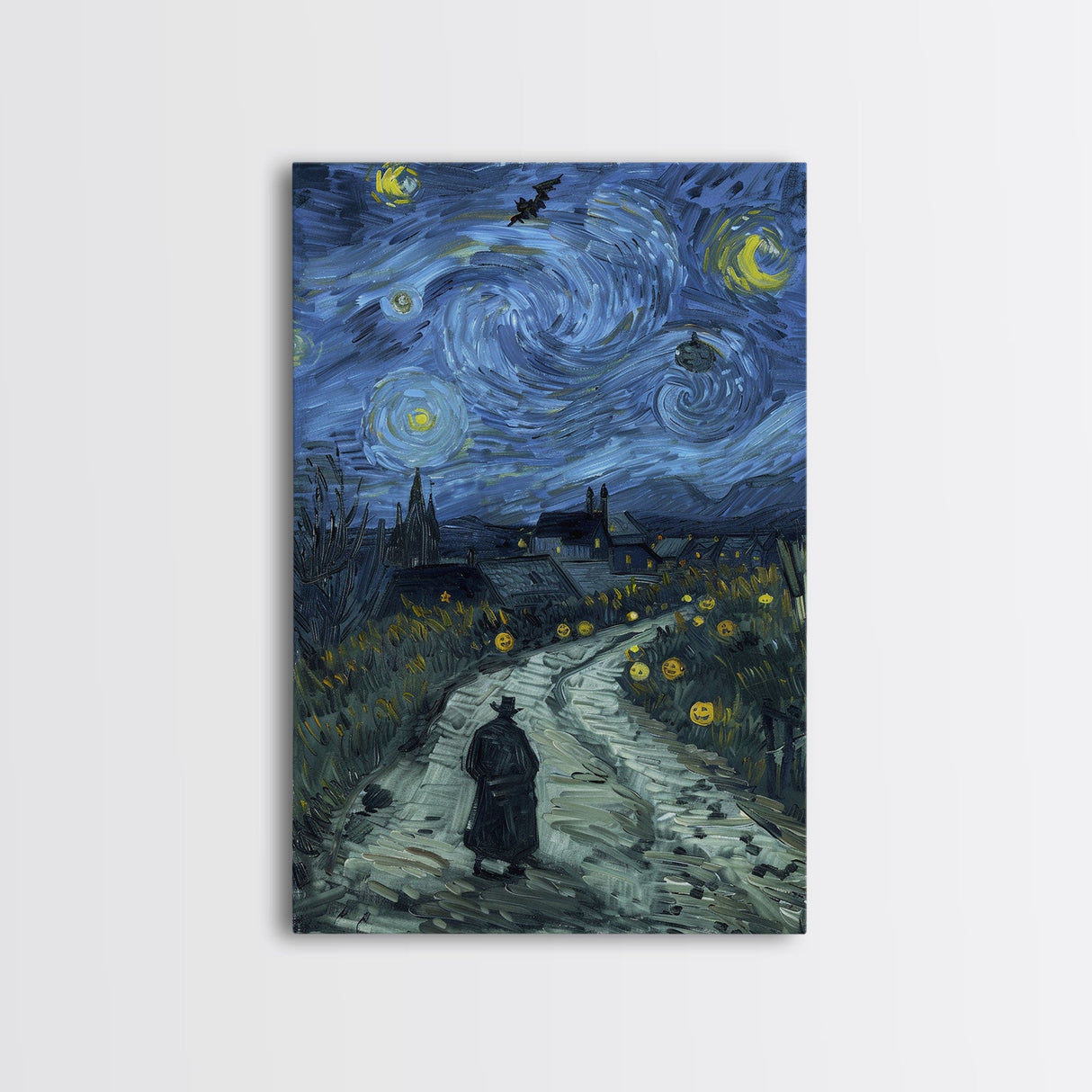 Haunted Road with Jack-O-Lanterns Framed Canvas Print, Halloween Wall Art, Starry Night Inspired, Home Decor, Spooky Art, Living Room Decor
