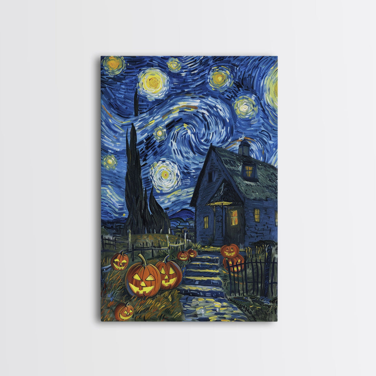 Spooky Starry Night with Jack-O-Lanterns Framed Canvas Print, Halloween Wall Art, Starry Night Inspired, Home Decor, Spooky Art, Living Room