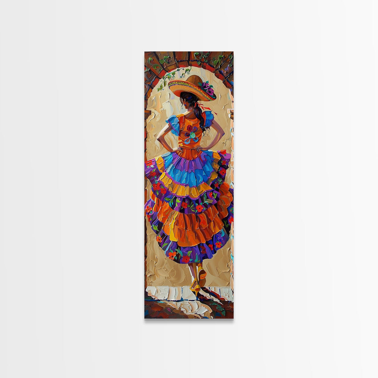 Jalisco Mexican Dancer Textured Oil Painting Printed and Framed on Canvas, Vertical Narrow Art Print, Mexican Inspired Home Decor