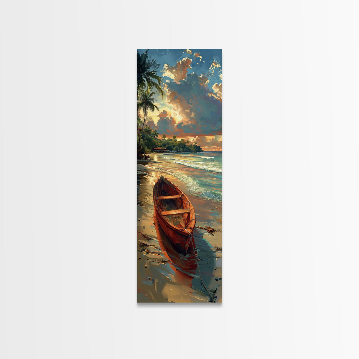 Red Boat Resting on the Shoreline - Framed Canvas Print, Midcentury Modern Wall Art, Skinny Art, Tall Art, Living Room Decor