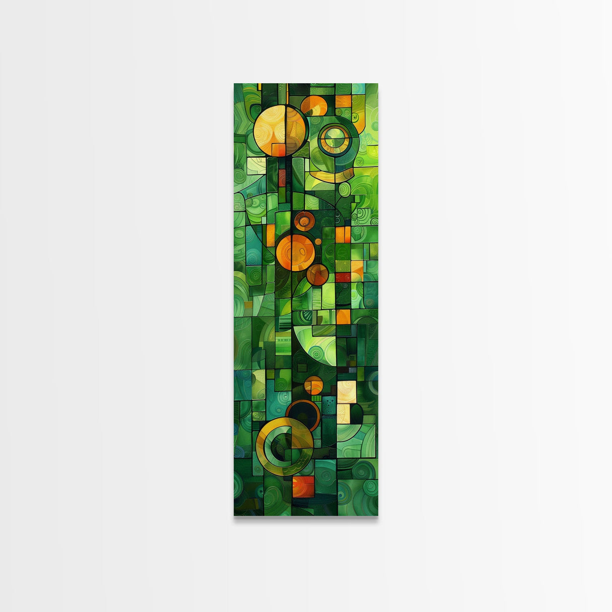 Geometric Abstract Art in Green and Yellow Tones - Framed Canvas Print, Midcentury Modern Art, Skinny Art, Tall Art, Living Room Wall Decor, Boho Art