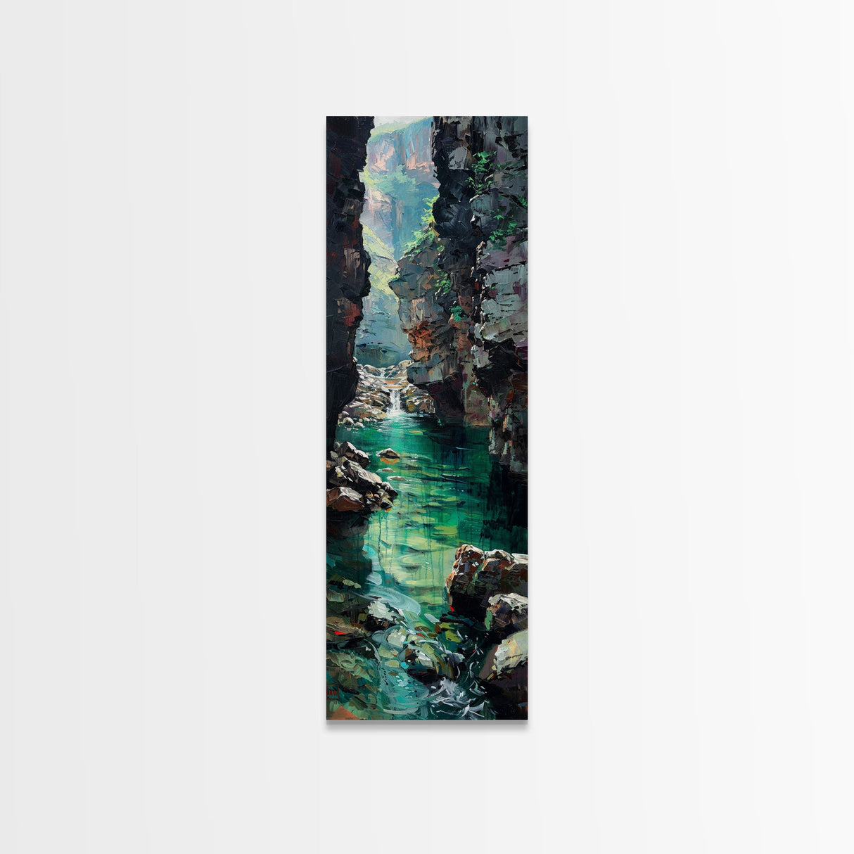 Serene Mountain River Gorge Scene Skinny Art Framed Canvas Print For Living Room Or Bedroom Wall Decor