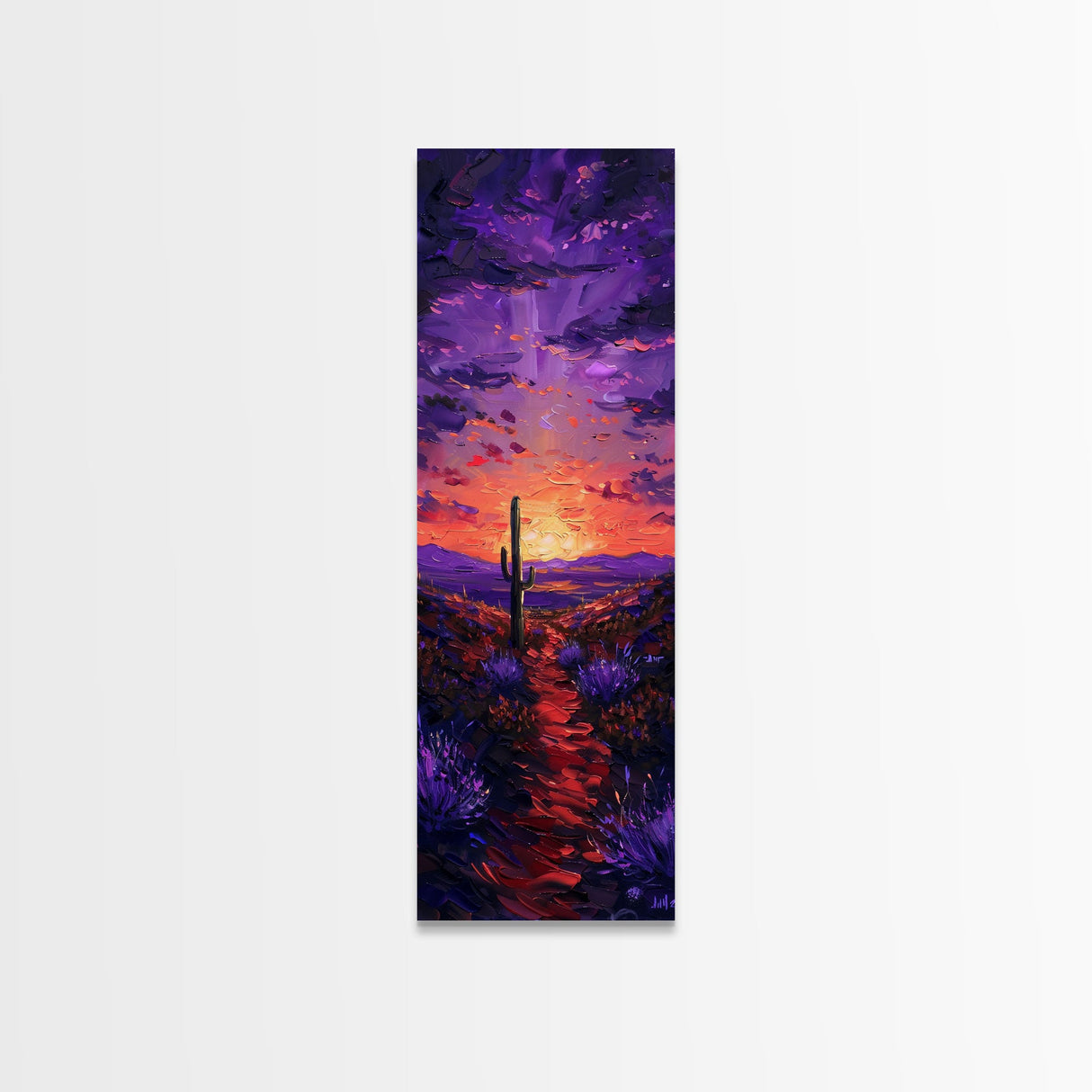 Colorful Sunset Over a Desert Landscape with a Saguaro Cactus and Dramatic Sky on a Framed Canvas Print Skinny Art Piece