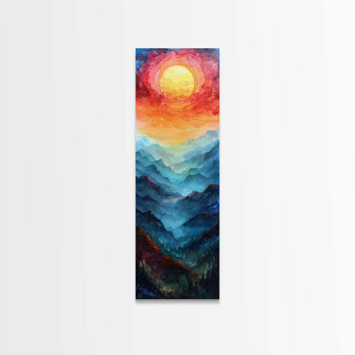 Majestic Sunrise Over Mountain Range Boho Sunset Landscape Framed Canvas Print Tall Art Japanese Style Art