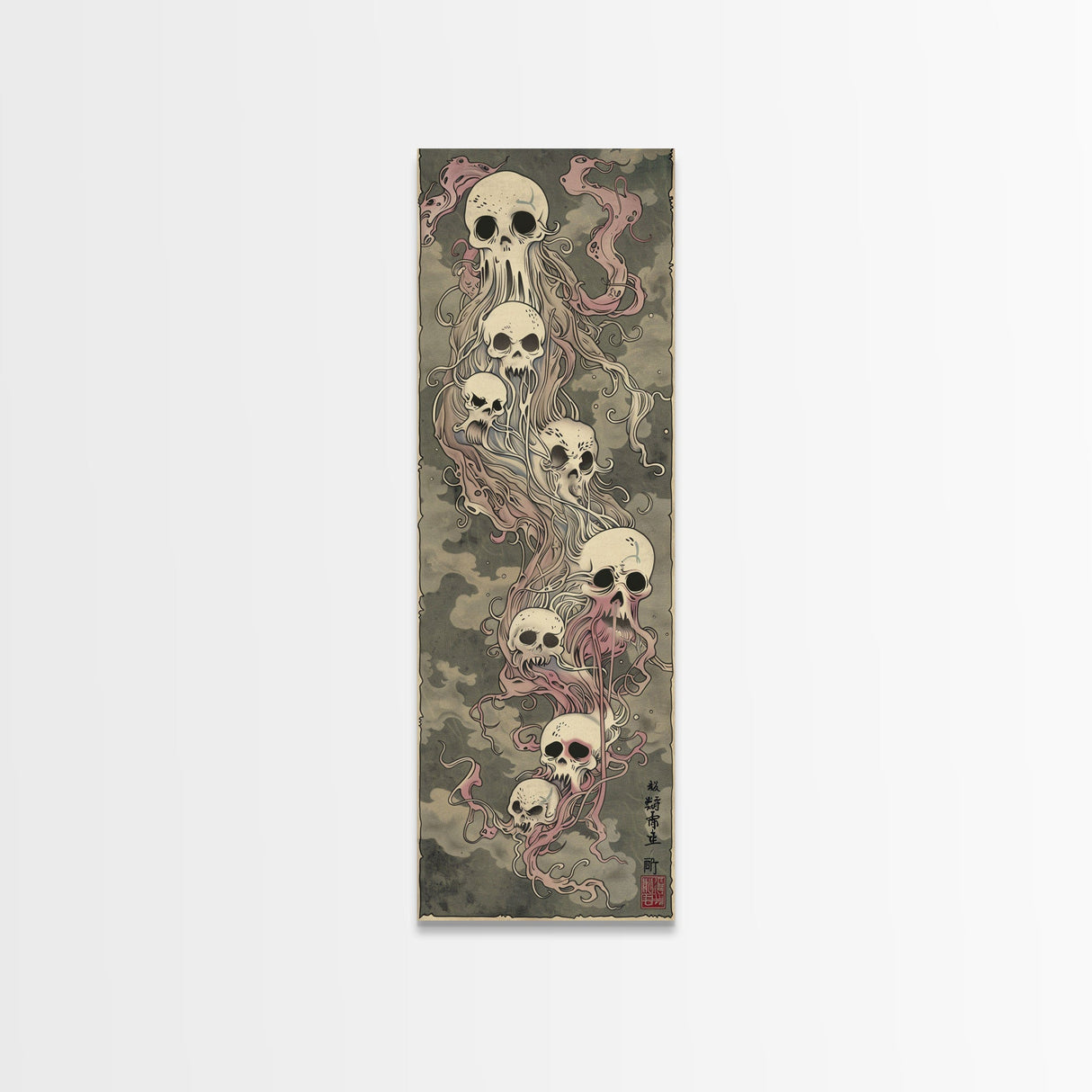 Hauntingly Beautiful Floating Skulls on Tall Vertical Canvas Print Featuring Japanese Ghostly Art in Eerie Style