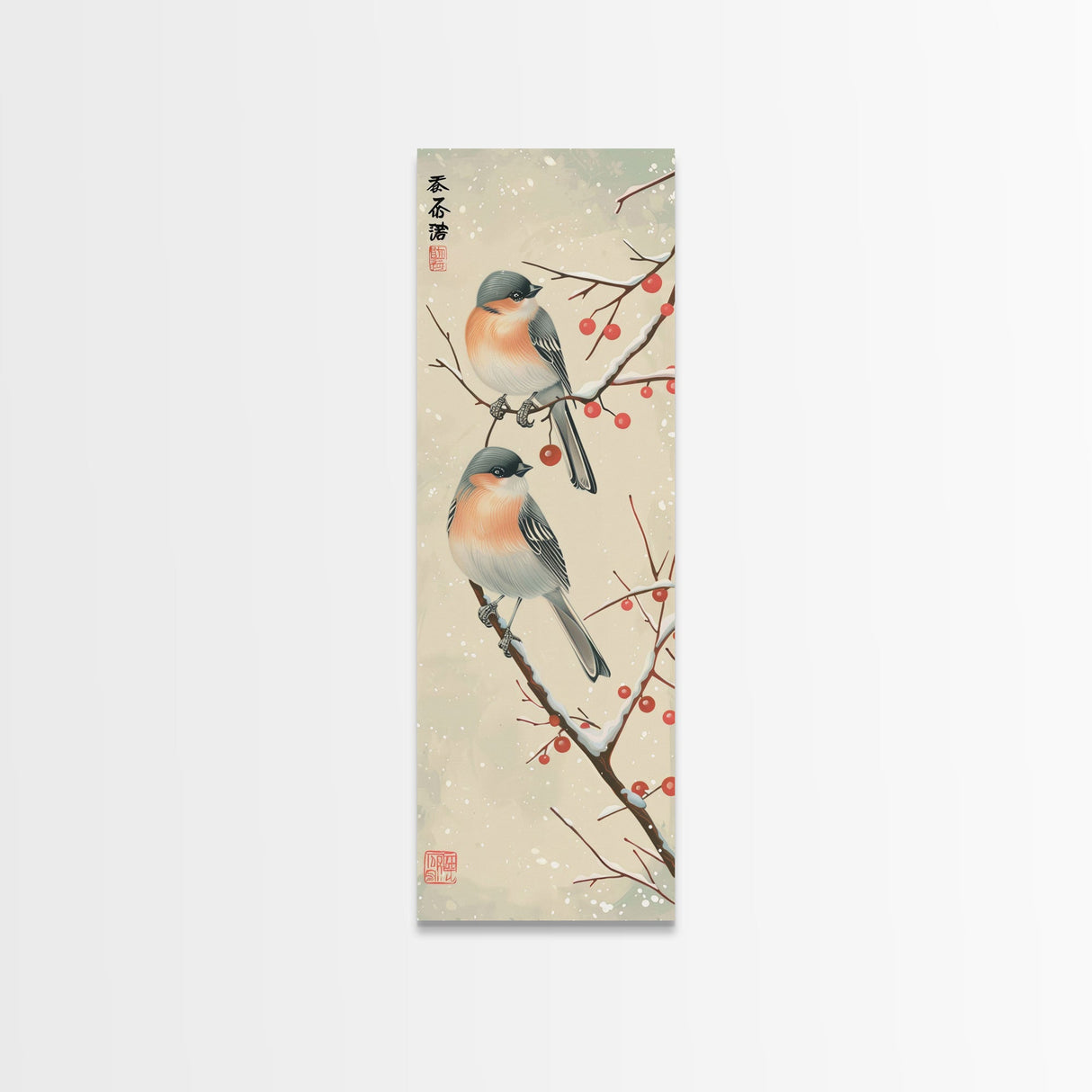Pair of Birds on Snowy Branches, Japanese Art Framed Canvas Print, Tall and Skinny Wall Art in Ukiyo-e Style