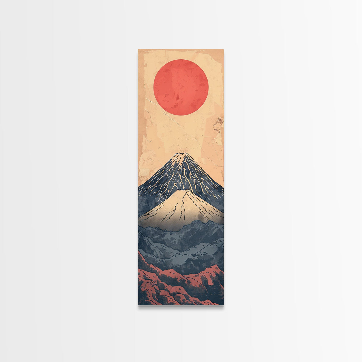 Mount Fuji Under a Red Sun Skinny Art Ukiyo-e Tall Framed Canvas Print Inspired by Japanese Landscape
