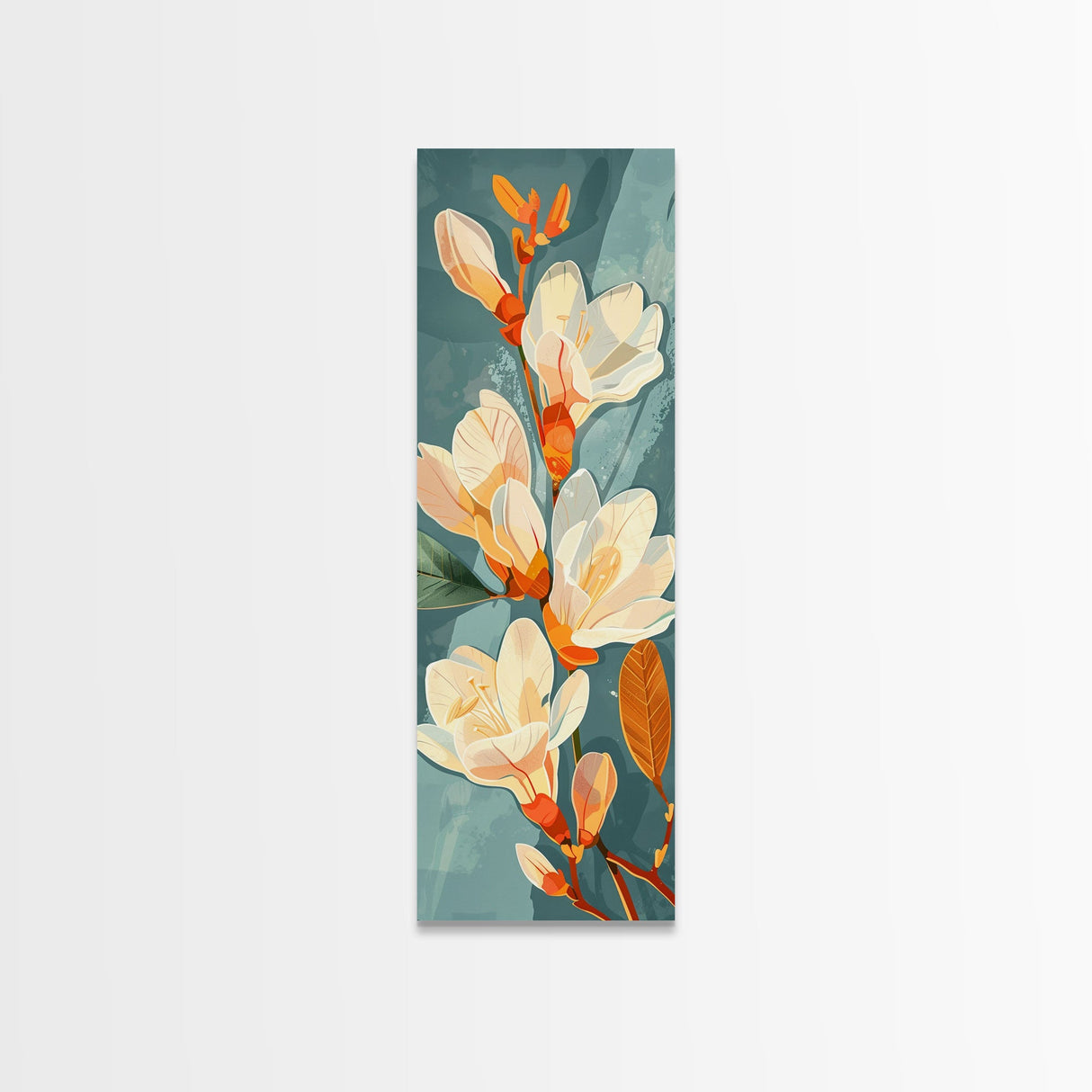 Light Cream Magnolia Blooms On Abstract Background Skinny Art Tall Art Framed Canvas Print Japanese Style Art Ukiyo-e Art Wood Block Print Delicate Decorative