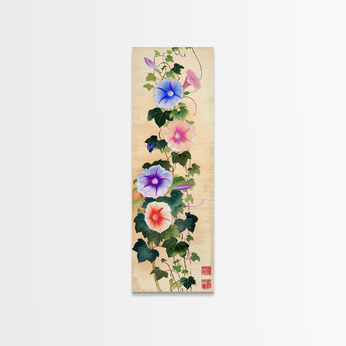 Morning Glories On Wooden Background Ukiyo-e Wall Art Framed Canvas Print Japanese Style Skinny Art Wood Block Print Tall Art