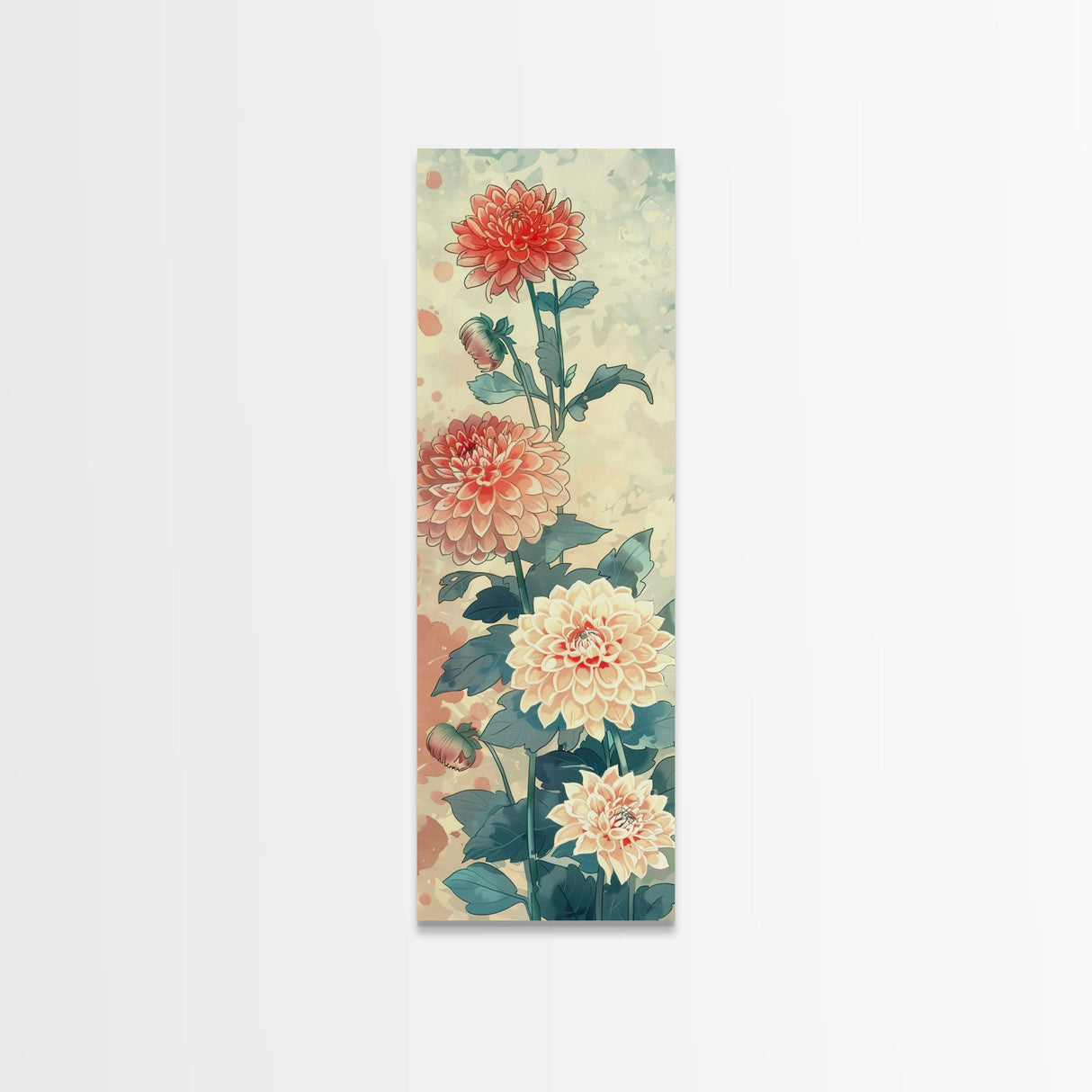 Chrysanthemums in Soft Pastel Tones on Tall Skinny Framed Canvas Print, Japanese Art Wall Decor