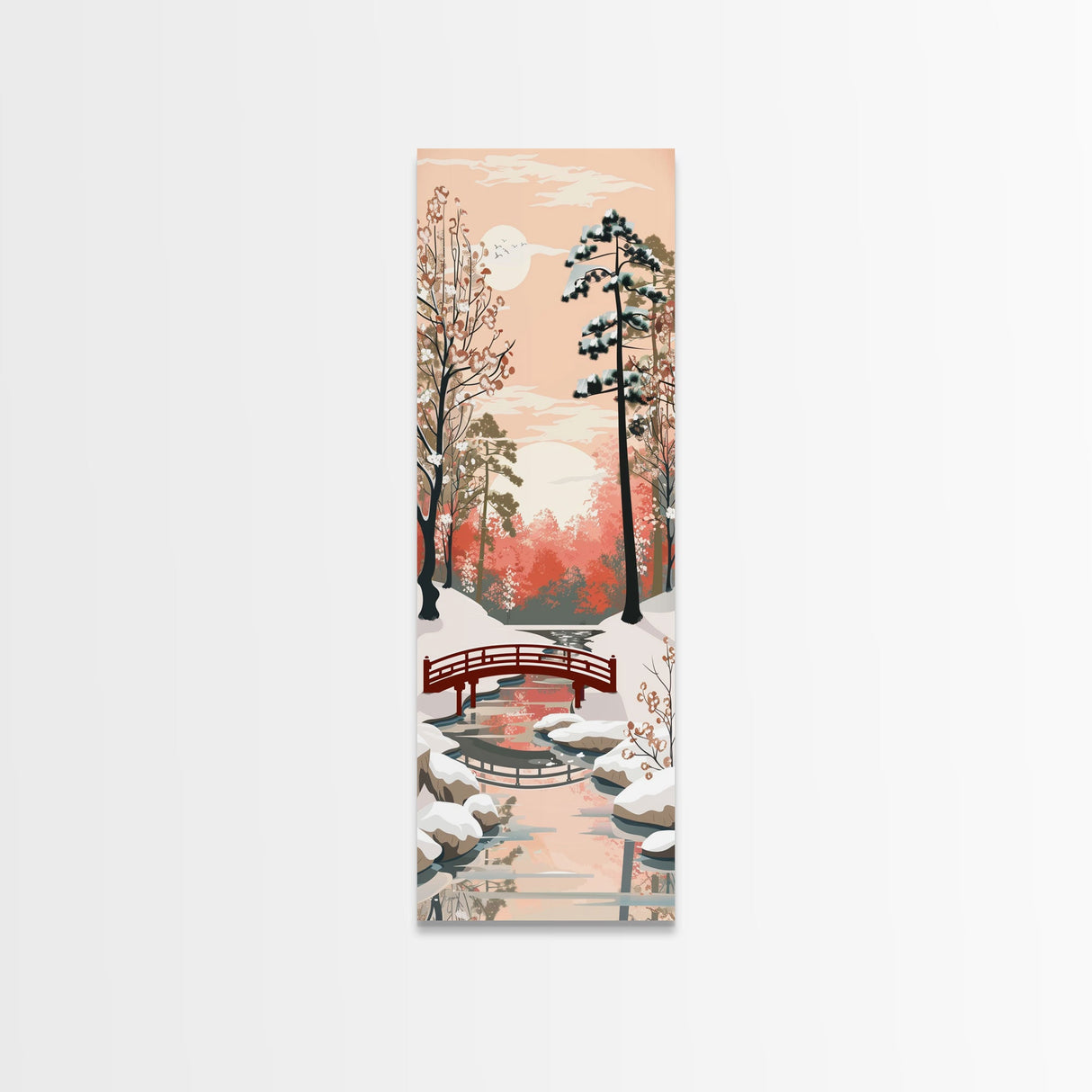 Serene Japanese Winter Landscape Highlighting A Red Bridge Snow-Covered Pines Under A Peaceful Sky Tall Framed Canvas Print Nature Scene