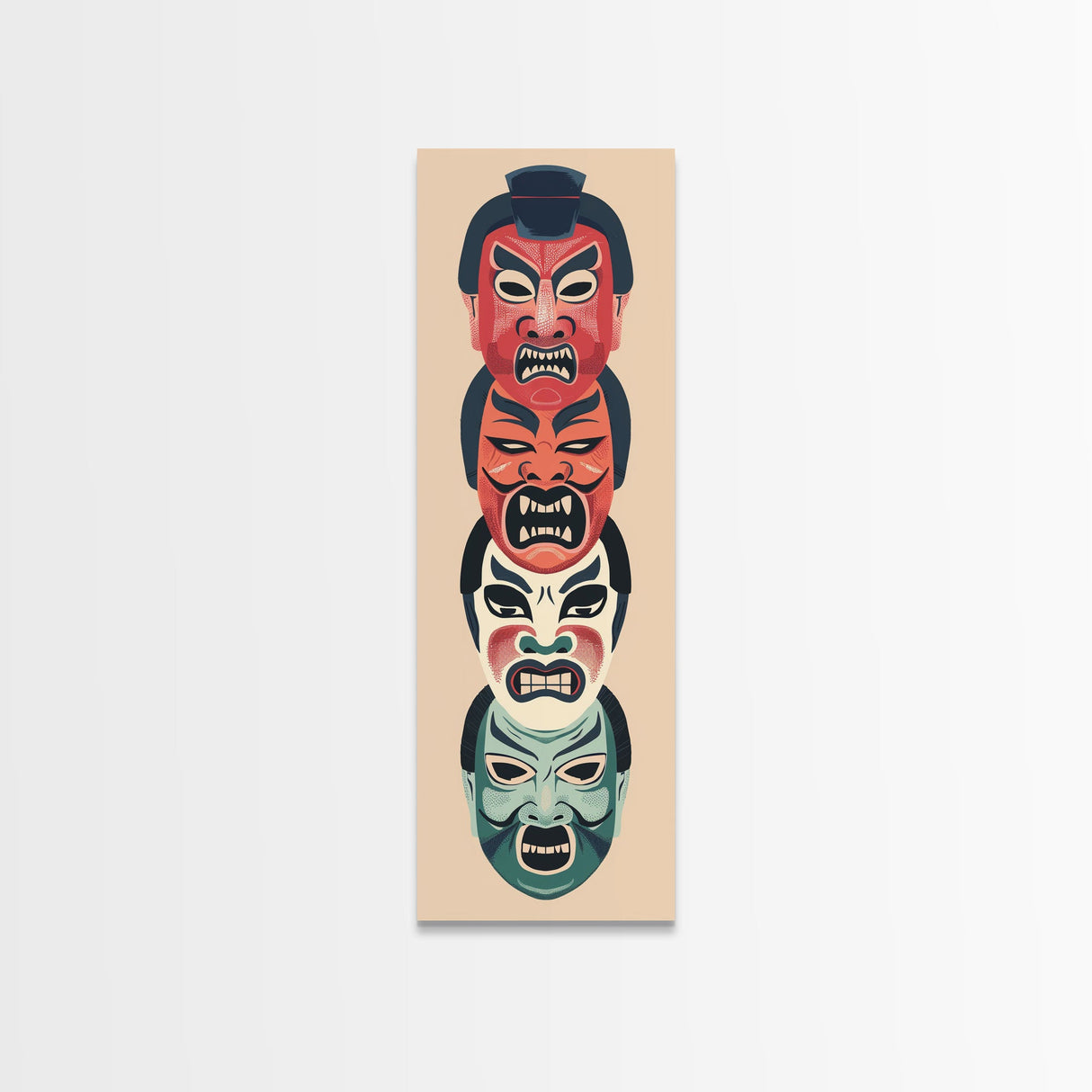 Bold Striking Japanese Kabuki Masks Vibrant Colors Depicted Traditional Style Tall Framed Canvas Print Cultural Home Decor