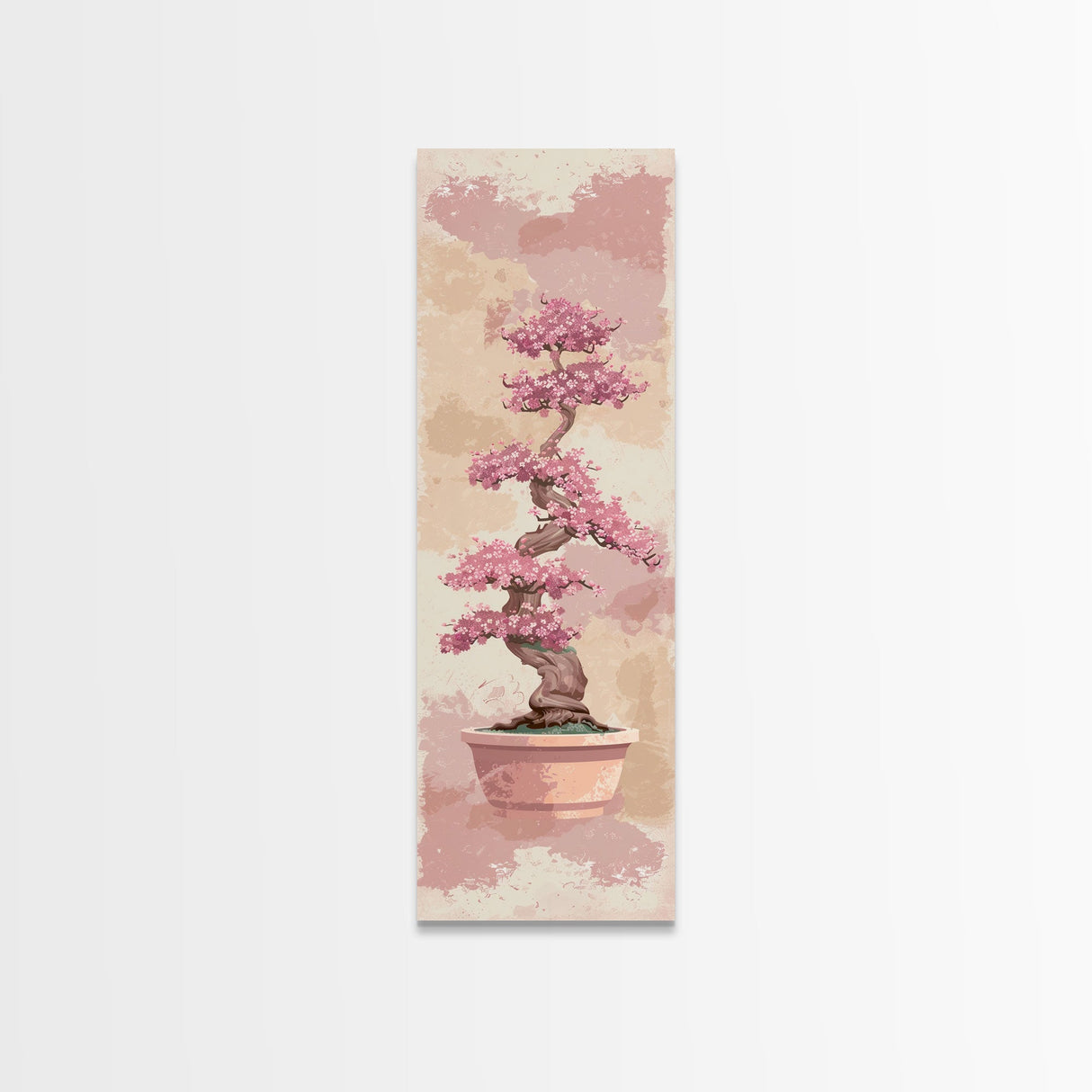 Tall Skinny Art Japanese Style Wood Block Print Potted Bonsai Tree On A Textured Background In Ukiyo-e Style For Framed Canvas Print
