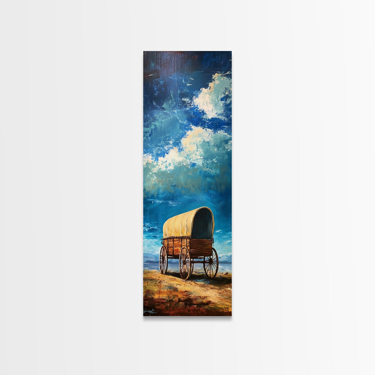 Vintage Covered Wagon Painting Framed Canvas Print, Rustic Wall Art, Farmhouse Art, Moody Art, Landscape Painting, Southwest Wall Art