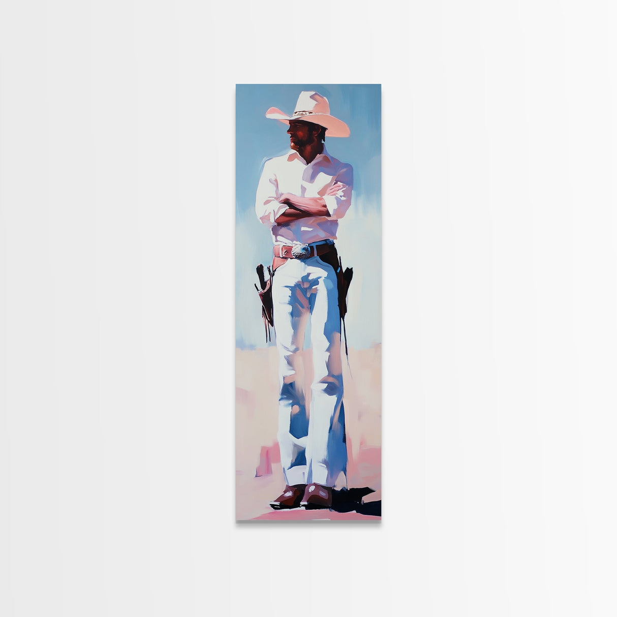 Western Cowboy in White Framed Canvas Print, Rustic Wall Art, Moody Art, Southwest Wall Art, Vintage Horse Art, Extra Wide Art