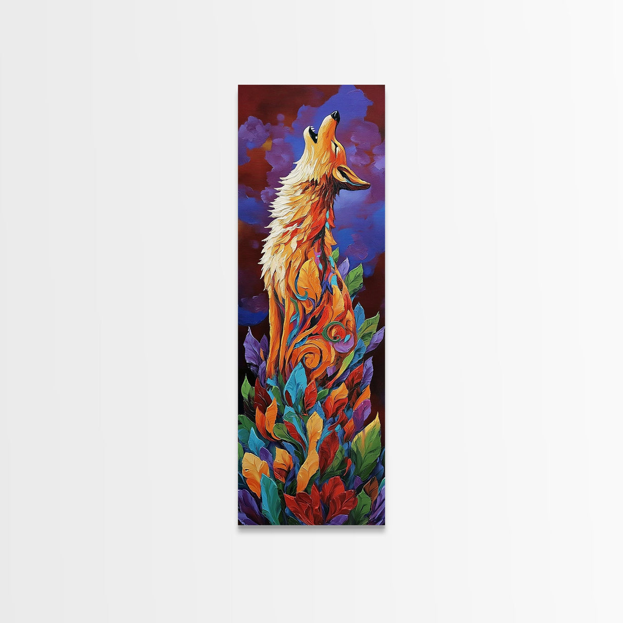 Colorful Howling Wolf Canvas Print rustic decor, long narrow wall art, wildlife painting, tall skinny art, moody art, animal wall art, whimsical art, southwest wall art, Joshua tree art