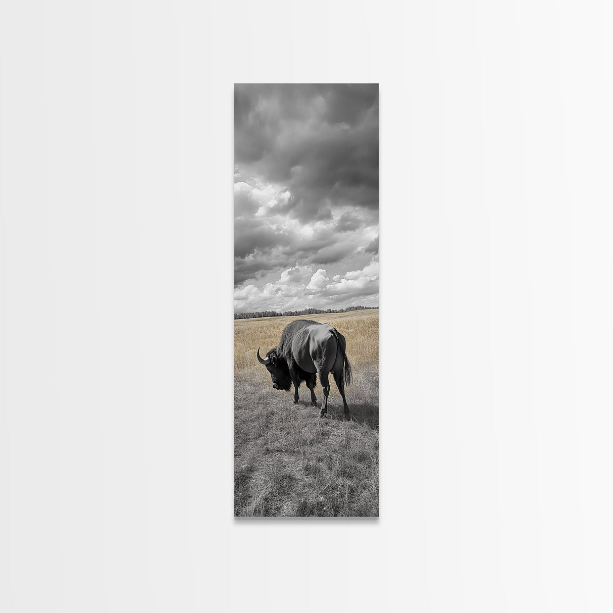 Lone Bison in Field Framed Canvas Print | Rustic Wall Art | Moody Art | Wildlife Painting | Farmhouse Decor | Southwest Wall Art | Gift Idea