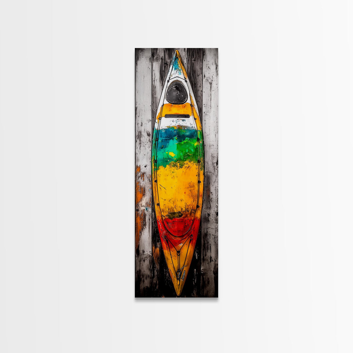Vibrant Canoe Painting Canvas Print Coastal Landscape Art Nautical Decor Rustic Wall Art Living Room Art Tall Narrow Art
