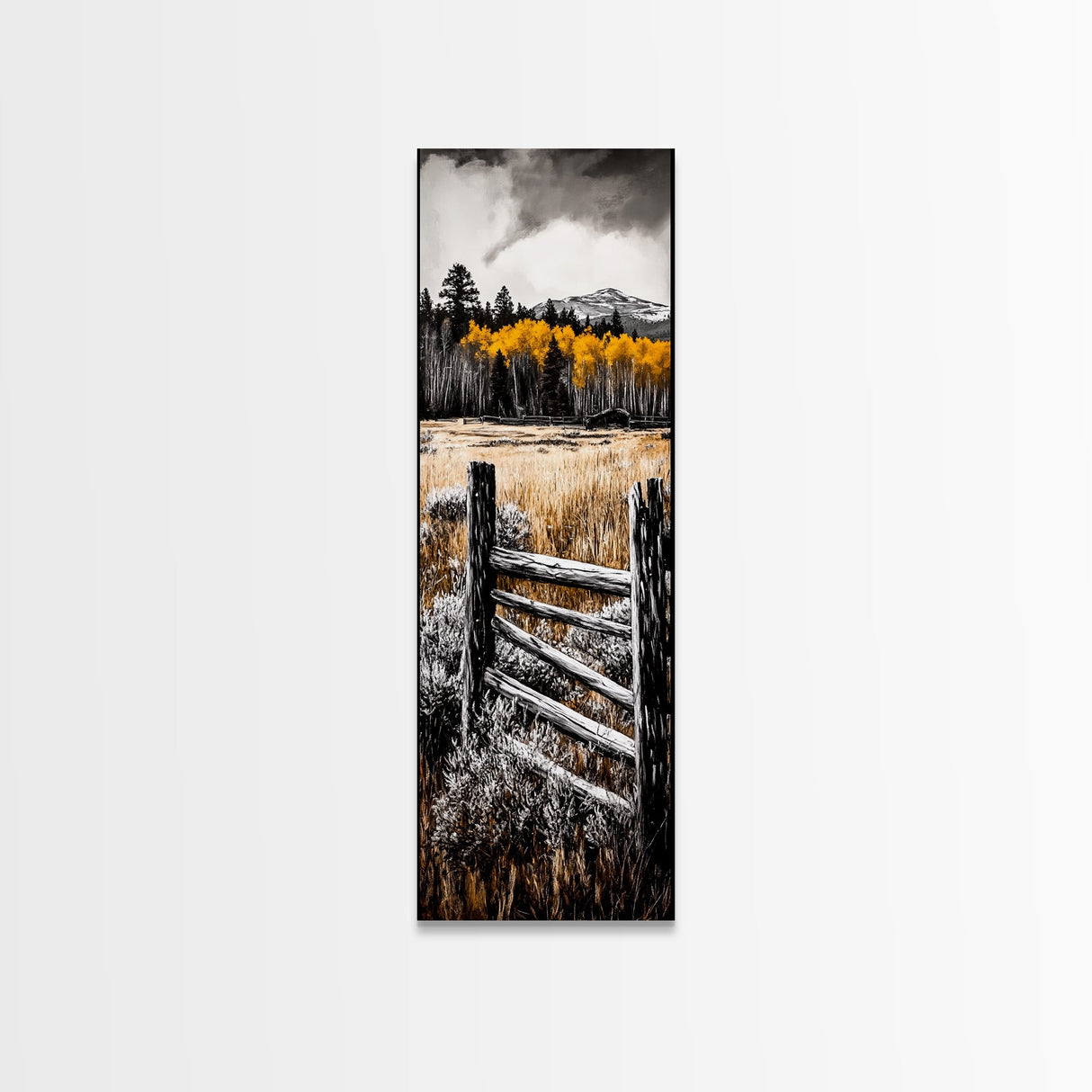 Rustic Mountain Fence Framed Canvas Print, Birch Tree Art, Fall Landscape Painting, Moody Art, Farmhouse Art, Above Sofa Art
