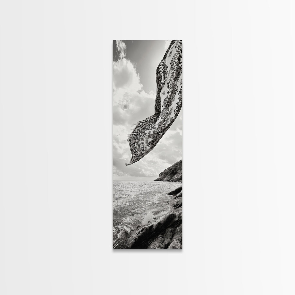 Flowing Fabric Over Ocean, Framed Canvas Print, wabi sabi art, coastal decor, boho art, minimalist art, above couch art, panoramic painting
