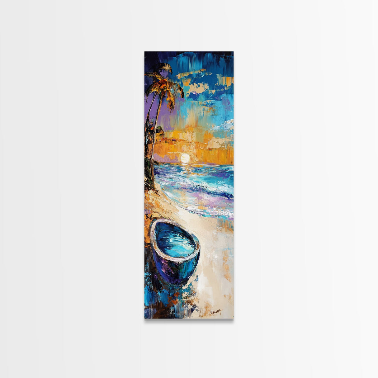 Tropical Beach Sunset Framed Canvas Print Coastal Wall Art Nautical Painting Seascape Art Palm Tree Painting Coastal Decor