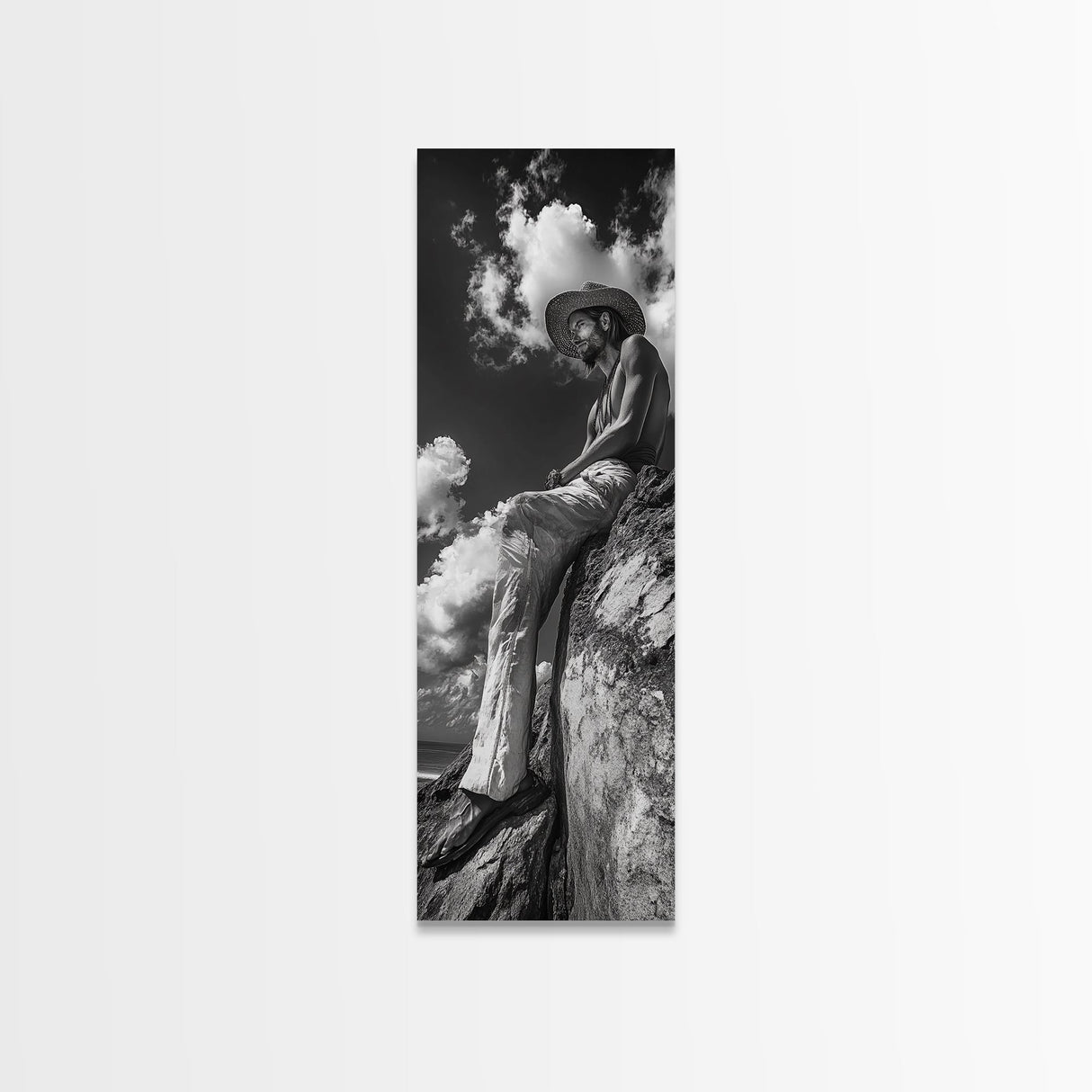 Bohemian Man, Clifftop Reflection, Framed Canvas Print, Coastal Cowgirl Wall Art, Rustic Décor, Boho Art, Minimalist Art
