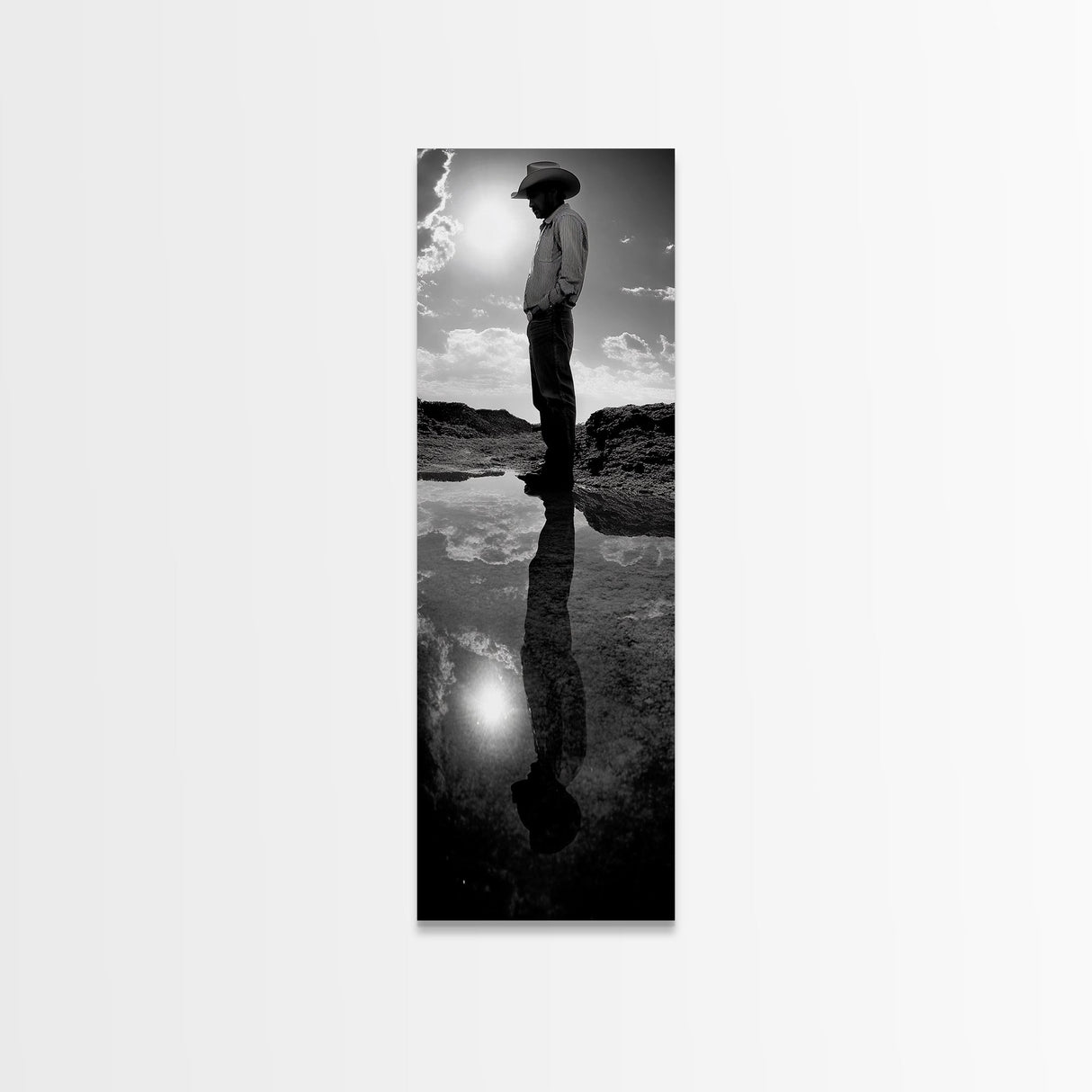 Lone Cowboy, Reflection Photography, Framed Canvas Print, Rustic Art, Moody Wall Art, Extra Wide Art, Southwest Wall Art