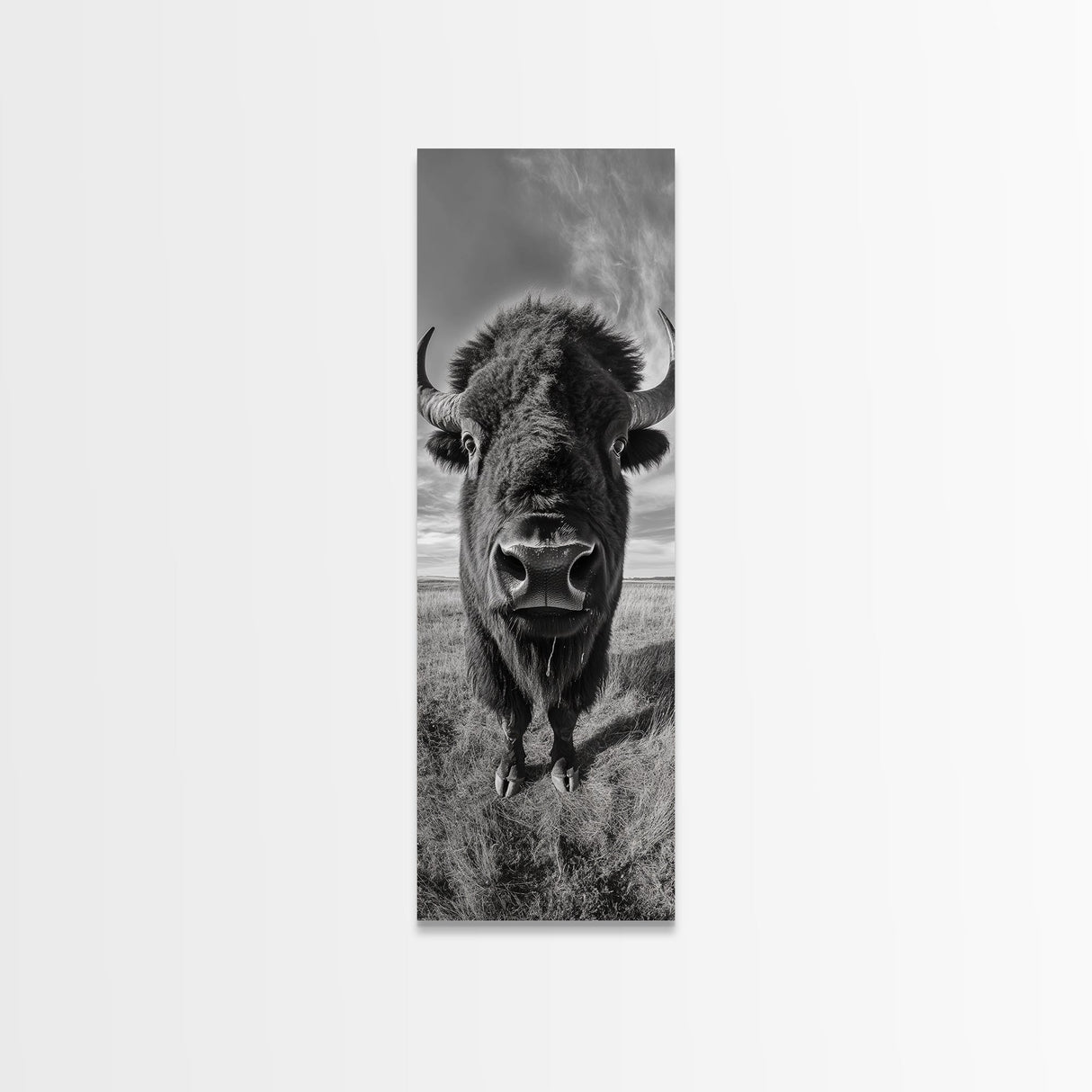 Majestic Bison Close-Up, Framed Canvas Print, rustic wall art, cowboy home décor, wildlife photography, farmhouse art, black and white photography