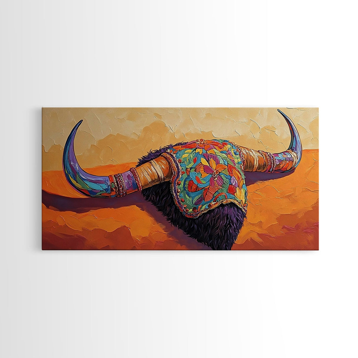 Vibrant Bull Skull, southwest wall art, rustic decor, boho art, moody art, unique gift idea, bright bold painting, framed canvas print