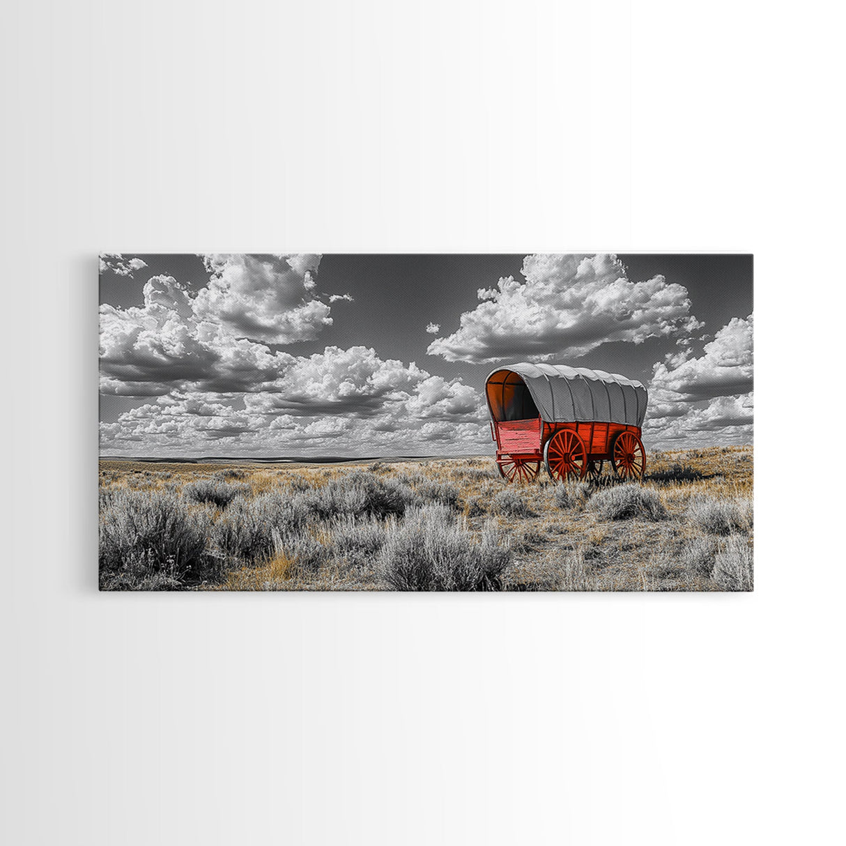 Red Covered Wagon Canvas Print | Rustic Farmhouse Art | Southwest Wall Art | Landscape Painting | Moody Art | Above Couch Art | Extra Wide Art